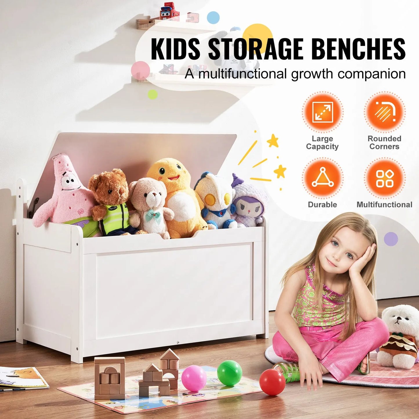 Kids Toy Storage Bench Wooden Toy Box Chest 32.68 x 17.91 x 24.02" White - Image 2