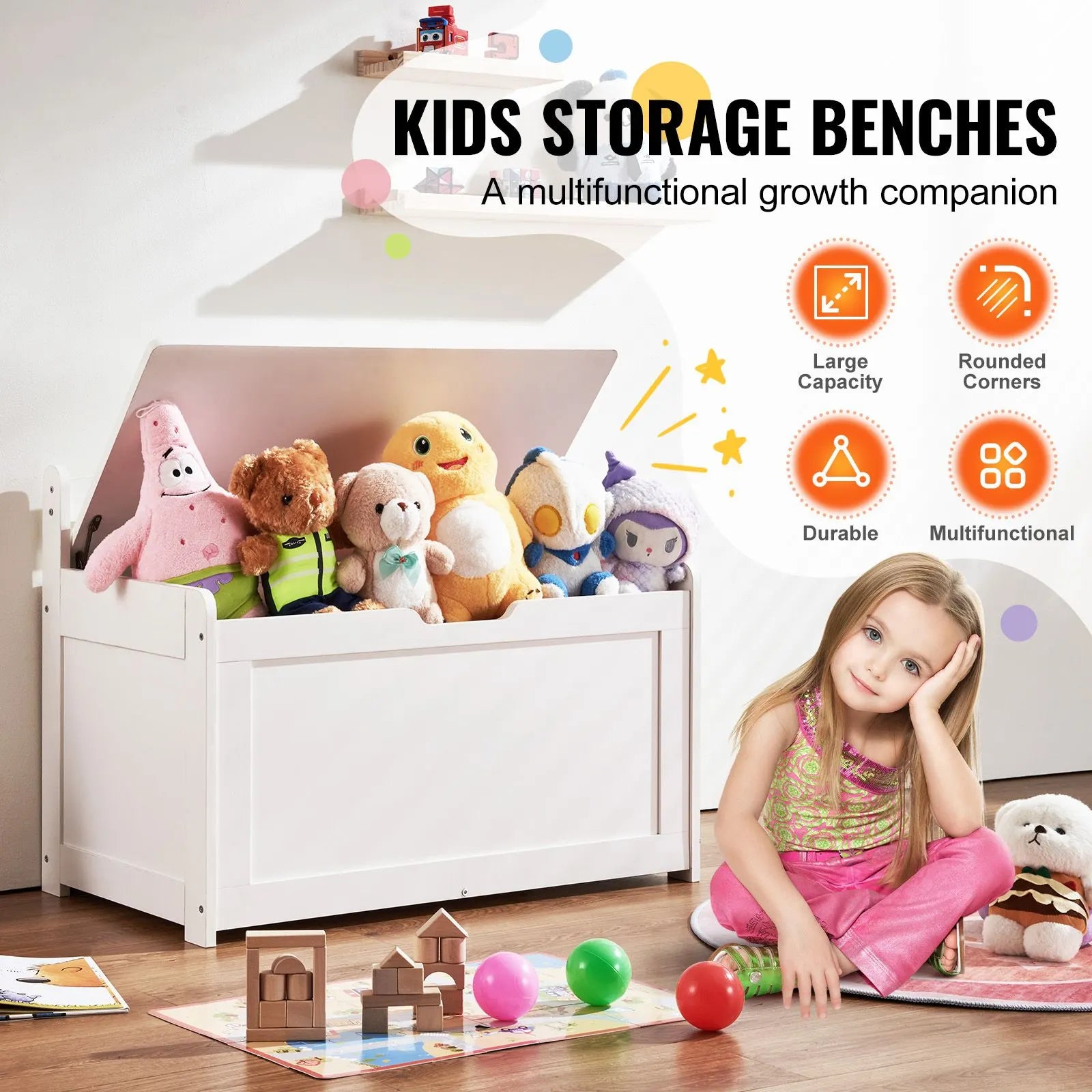 Kids Toy Storage Bench Wooden Toy Box Chest 32.68 x 17.91 x 24.02" White - Image 2