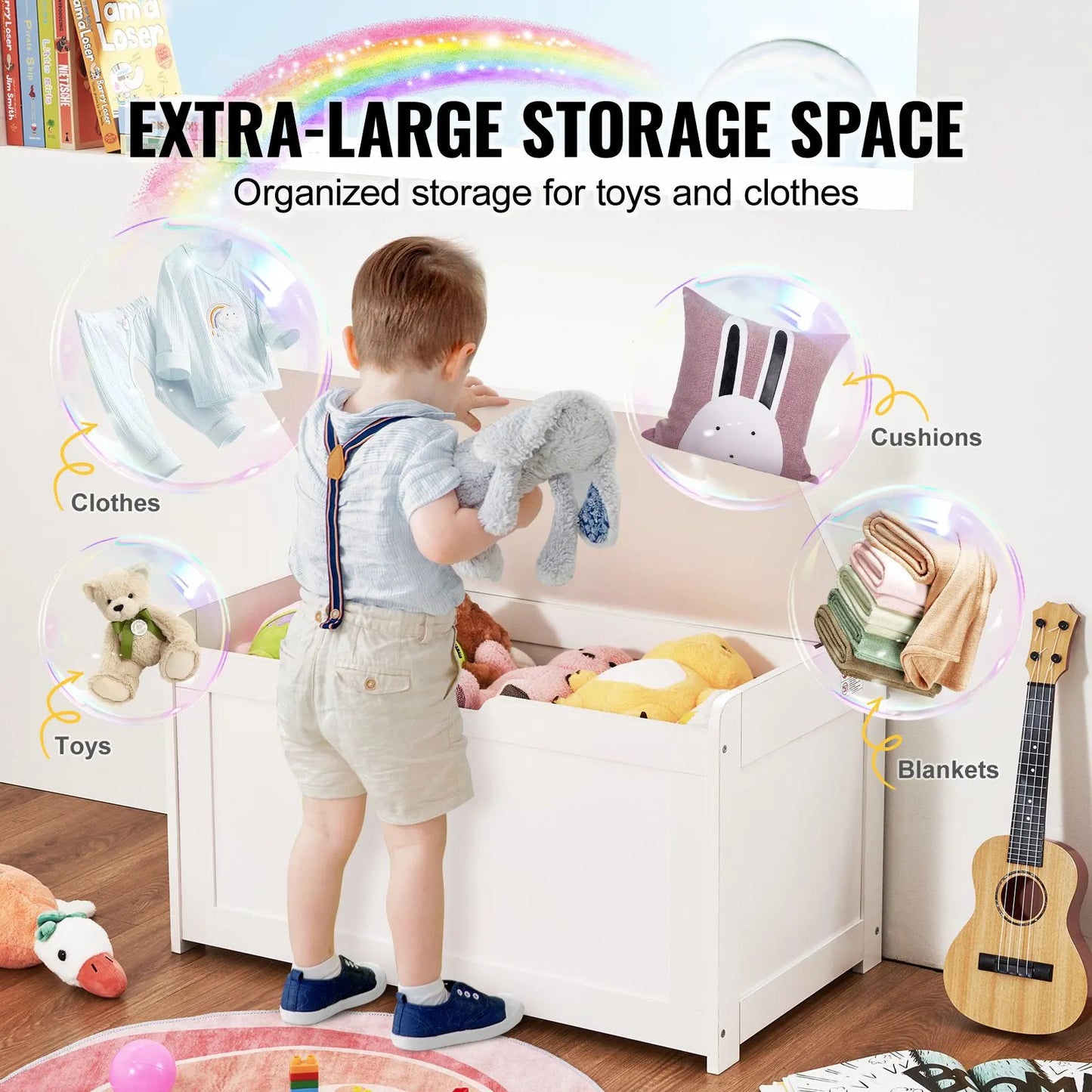 Kids Toy Storage Bench Wooden Toy Box Chest 32.68 x 17.91 x 24.02" White - Image 3