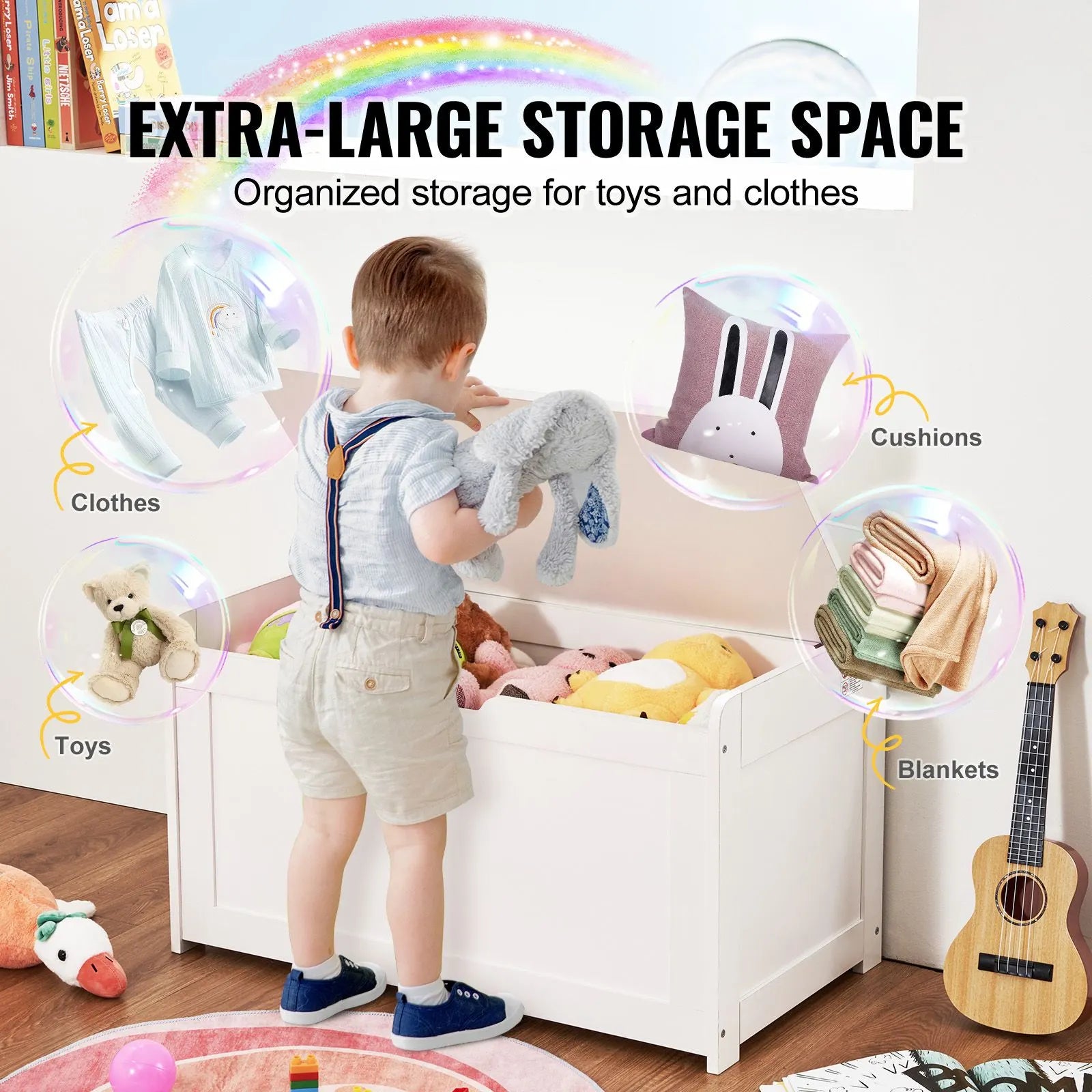 Kids Toy Storage Bench Wooden Toy Box Chest 32.68 x 17.91 x 24.02" White - Image 3