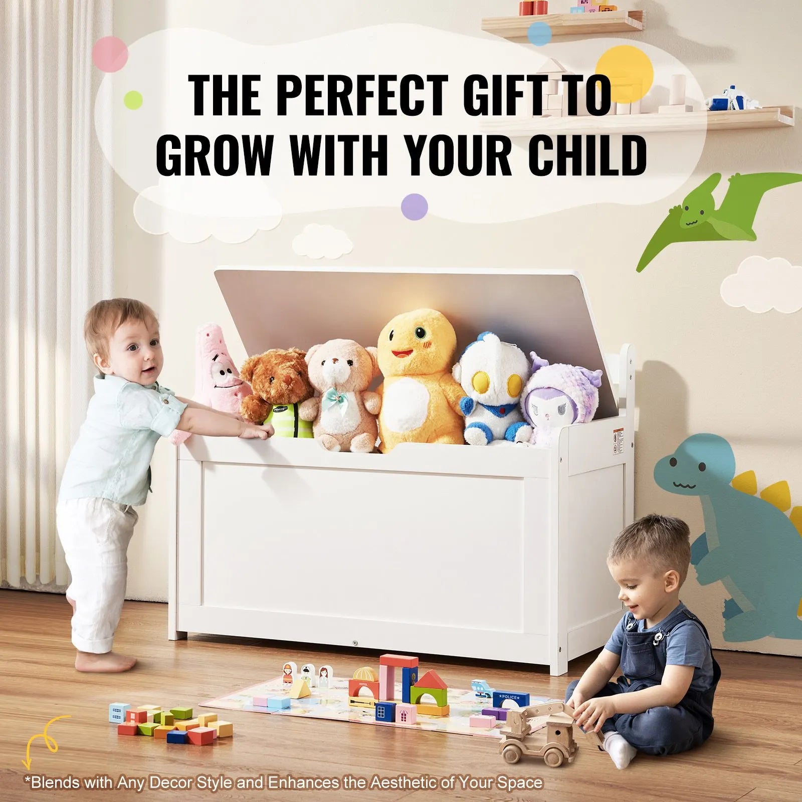 Kids Toy Storage Bench Wooden Toy Box Chest 32.68 x 17.91 x 24.02" White - Image 6
