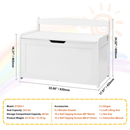 Kids Toy Storage Bench Wooden Toy Box Chest 32.68 x 17.91 x 24.02" White - Image 7