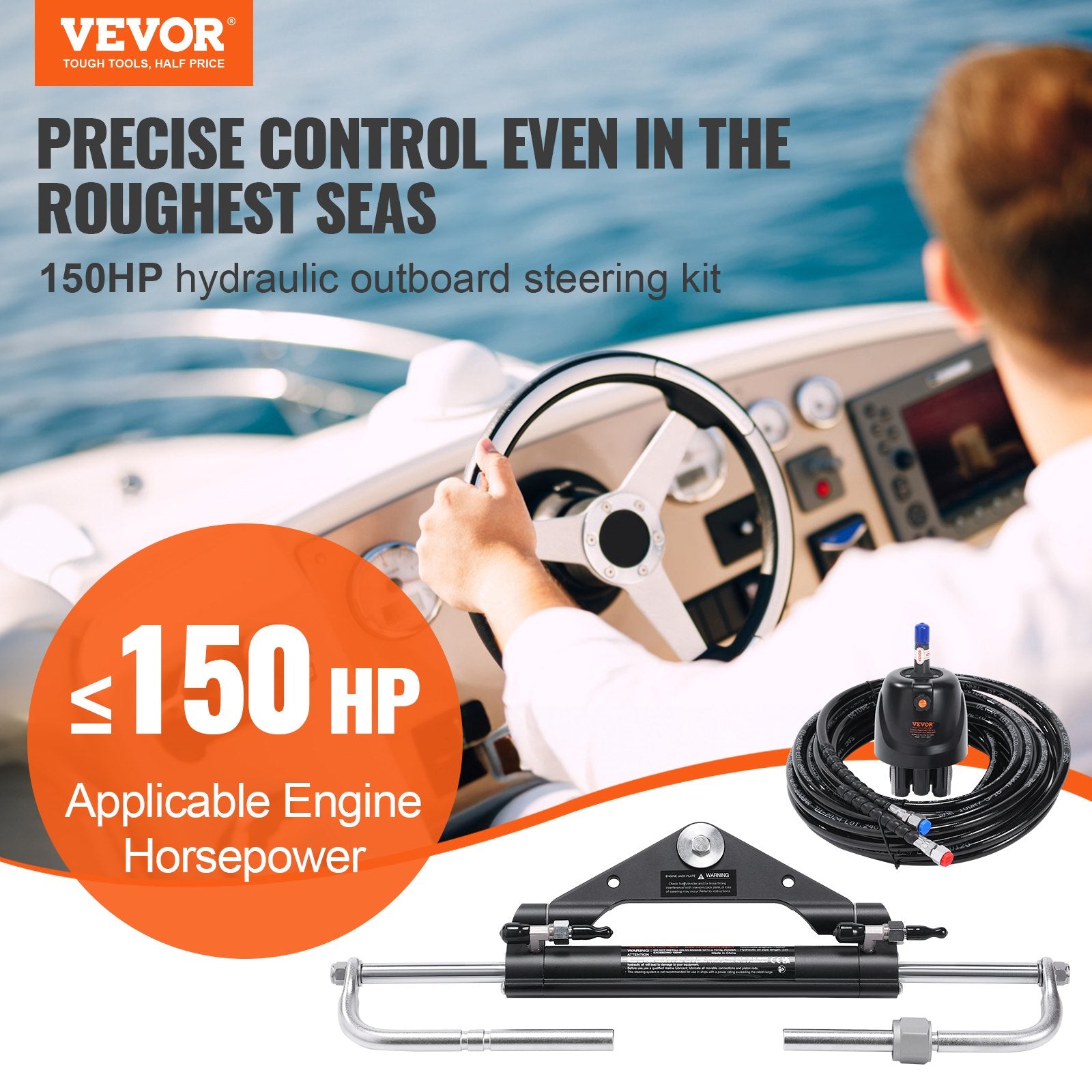 Hydraulic Outboard Steering Kit, 150HP, Marine Boat Hydraulic Steering System, with Helm Pump Two-Way Lock Cylinder and 24 Feet Hydraulic Steering Hose, for Single Station Single-Engine Boats - Image 2