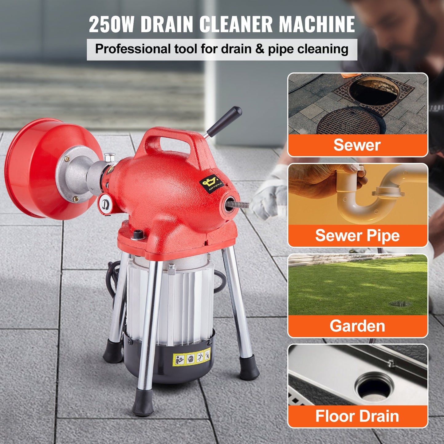 Drain Cleaner Machine 66FT x 5/8In 250W Sectional Snake Auger Manual Feed - Image 2
