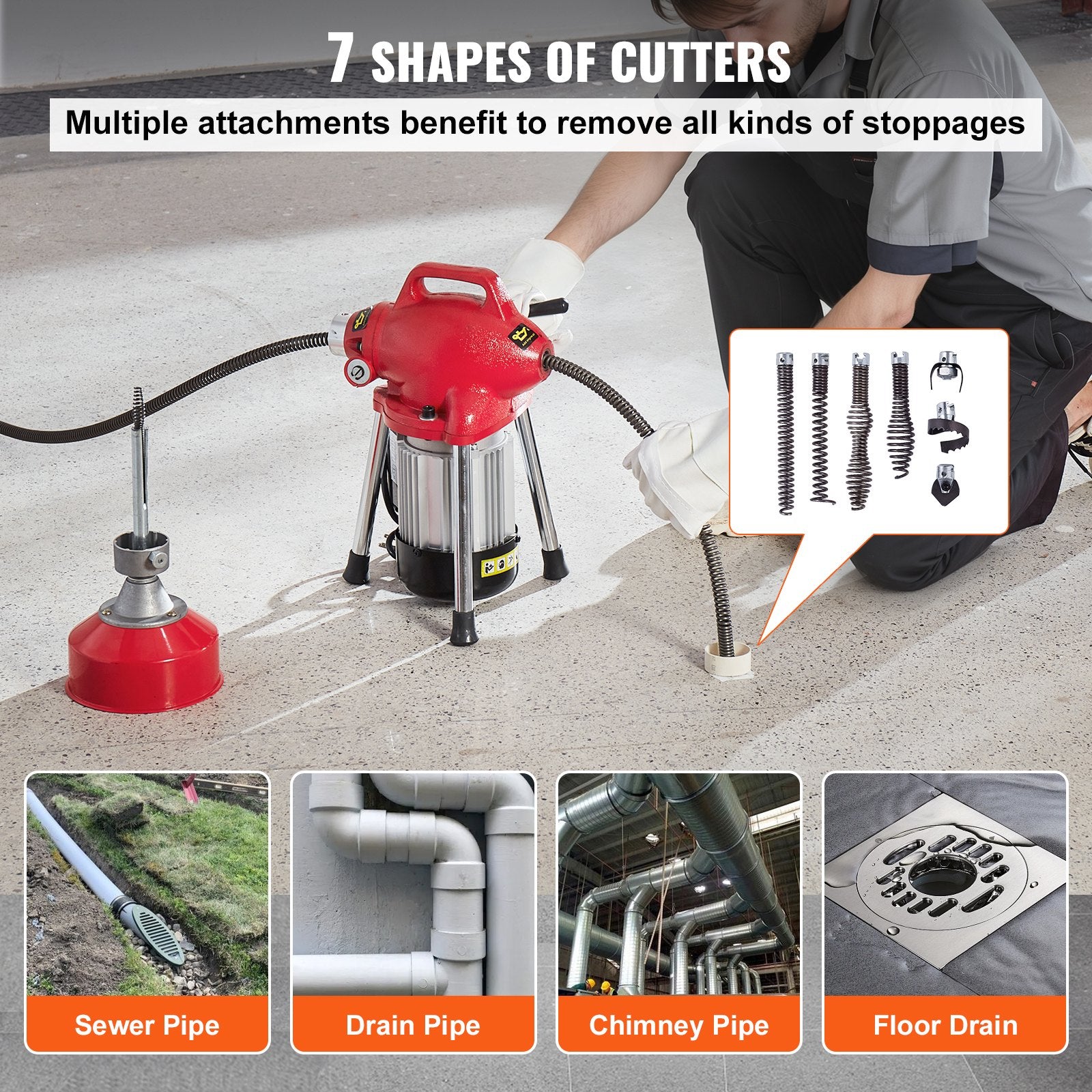 Drain Cleaner Machine 66FT x 5/8In 250W Sectional Snake Auger Manual Feed - Image 4