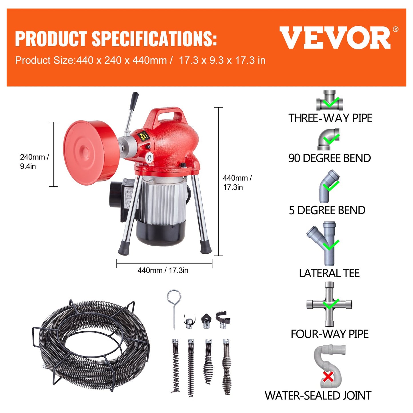 Drain Cleaner Machine 66FT x 5/8In 250W Sectional Snake Auger Manual Feed - Image 7
