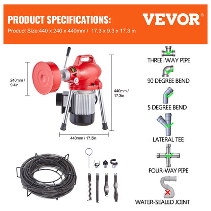 Drain Cleaner Machine 66FT x 5/8In 250W Sectional Snake Auger Manual Feed - Image 7