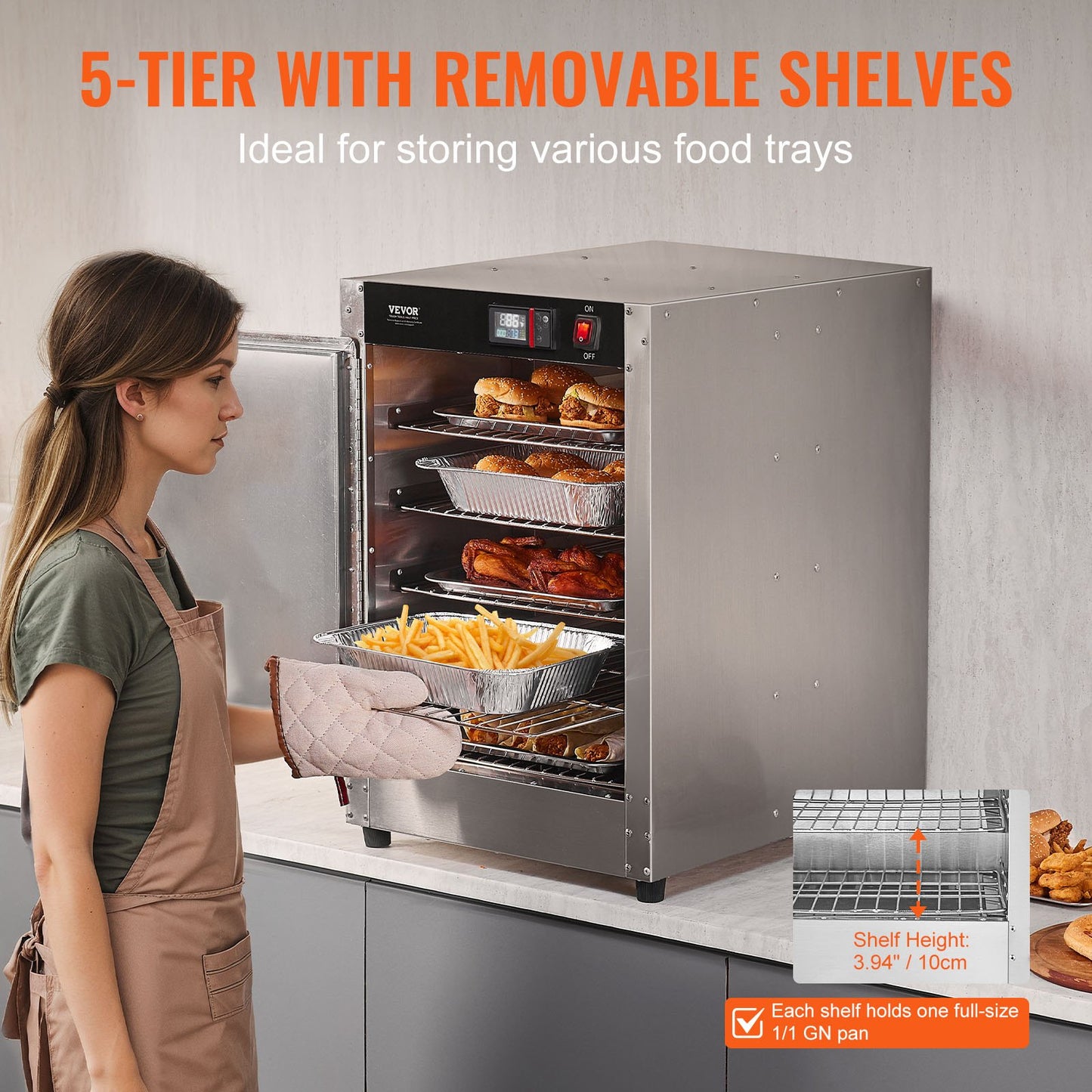 Hot Box Food Warmer, 5-Tier Concession Warmer with Water Tray, 5 Pans, Single-door and Adjustable Shelves, Stainless Steel Food Warmer Cabinet, Ideal for Storing Pizza, Chicken, Restaurant - Image 4