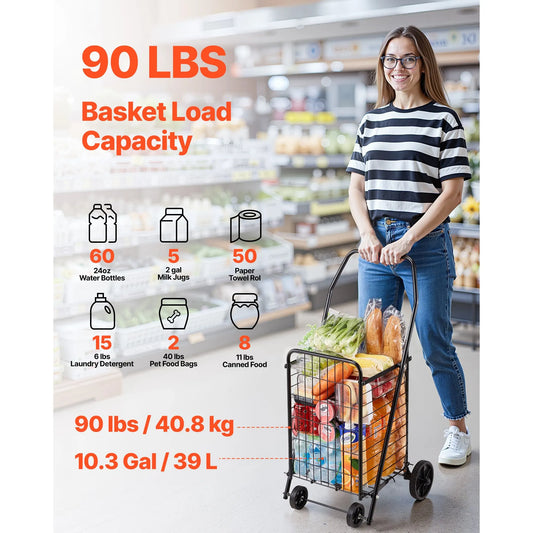 Shopping Cart, Folding Grocery Utility Cart with Swivel Wheels, 40.8 kg Large Load Capacity, Heavy Duty Rolling Laundry Basket Butler for Laundry, Shopping, Camping, Grocery, Luggage, Black - Image 2