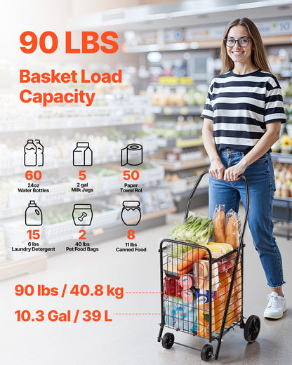 Shopping Cart, Folding Grocery Utility Cart with Swivel Wheels, 40.8 kg Large Load Capacity, Heavy Duty Rolling Laundry Basket Butler for Laundry, Shopping, Camping, Grocery, Luggage, Black - Image 2