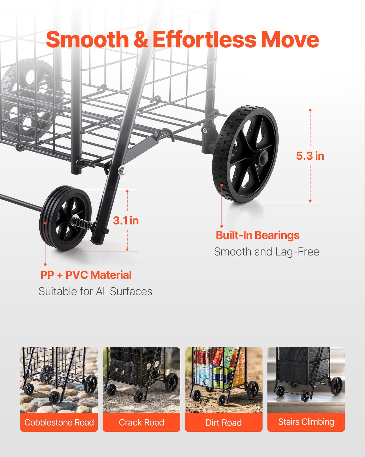 Shopping Cart, Folding Grocery Utility Cart with Swivel Wheels, 40.8 kg Large Load Capacity, Heavy Duty Rolling Laundry Basket Butler for Laundry, Shopping, Camping, Grocery, Luggage, Black - Image 4