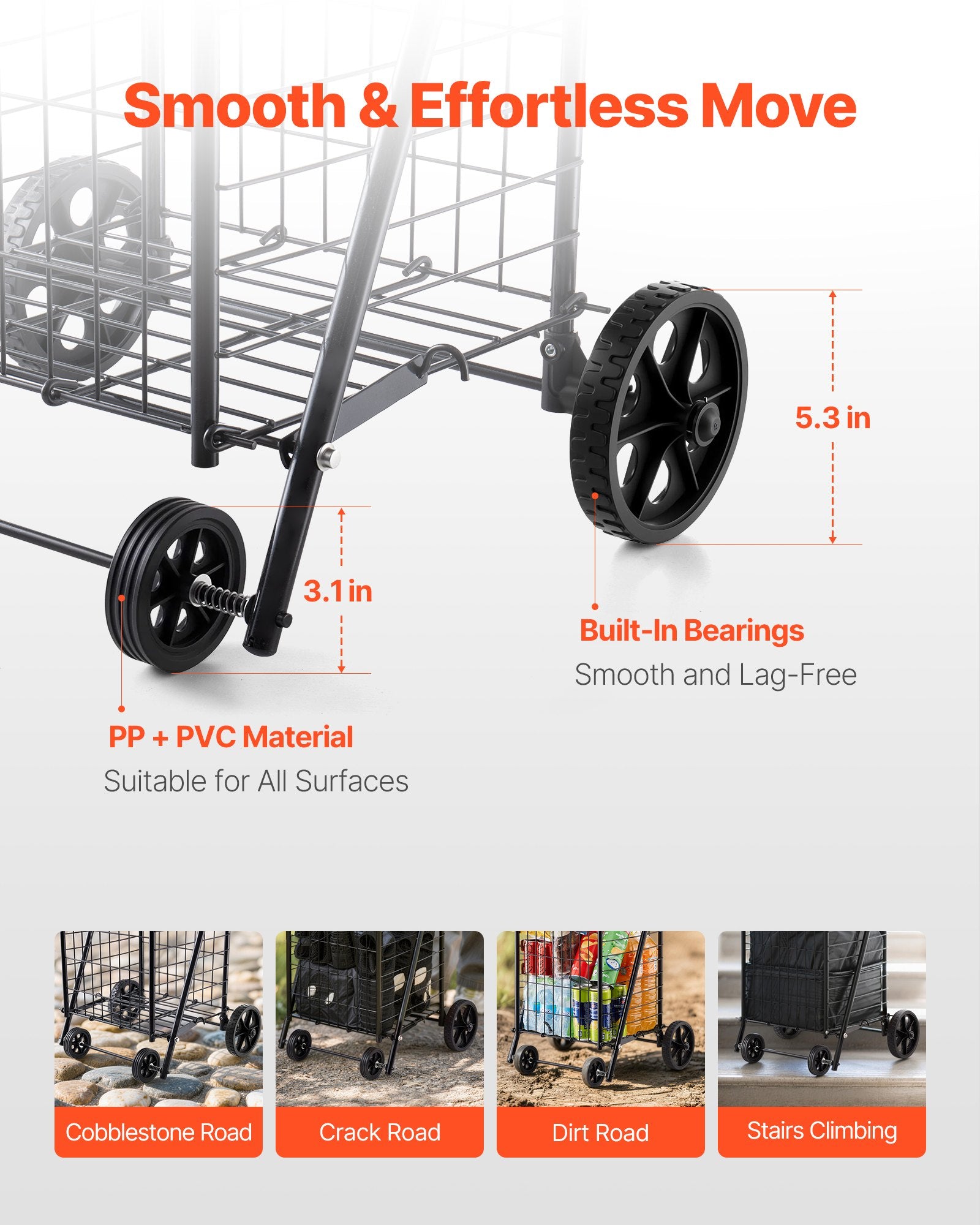 Shopping Cart, Folding Grocery Utility Cart with Swivel Wheels, 40.8 kg Large Load Capacity, Heavy Duty Rolling Laundry Basket Butler for Laundry, Shopping, Camping, Grocery, Luggage, Black - Image 4
