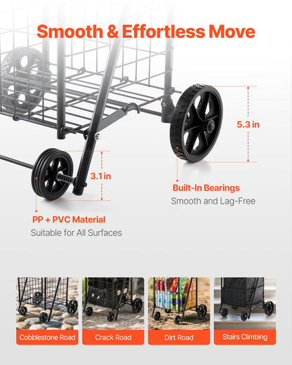 Shopping Cart, Folding Grocery Utility Cart with Swivel Wheels, 40.8 kg Large Load Capacity, Heavy Duty Rolling Laundry Basket Butler for Laundry, Shopping, Camping, Grocery, Luggage, Black - Image 4