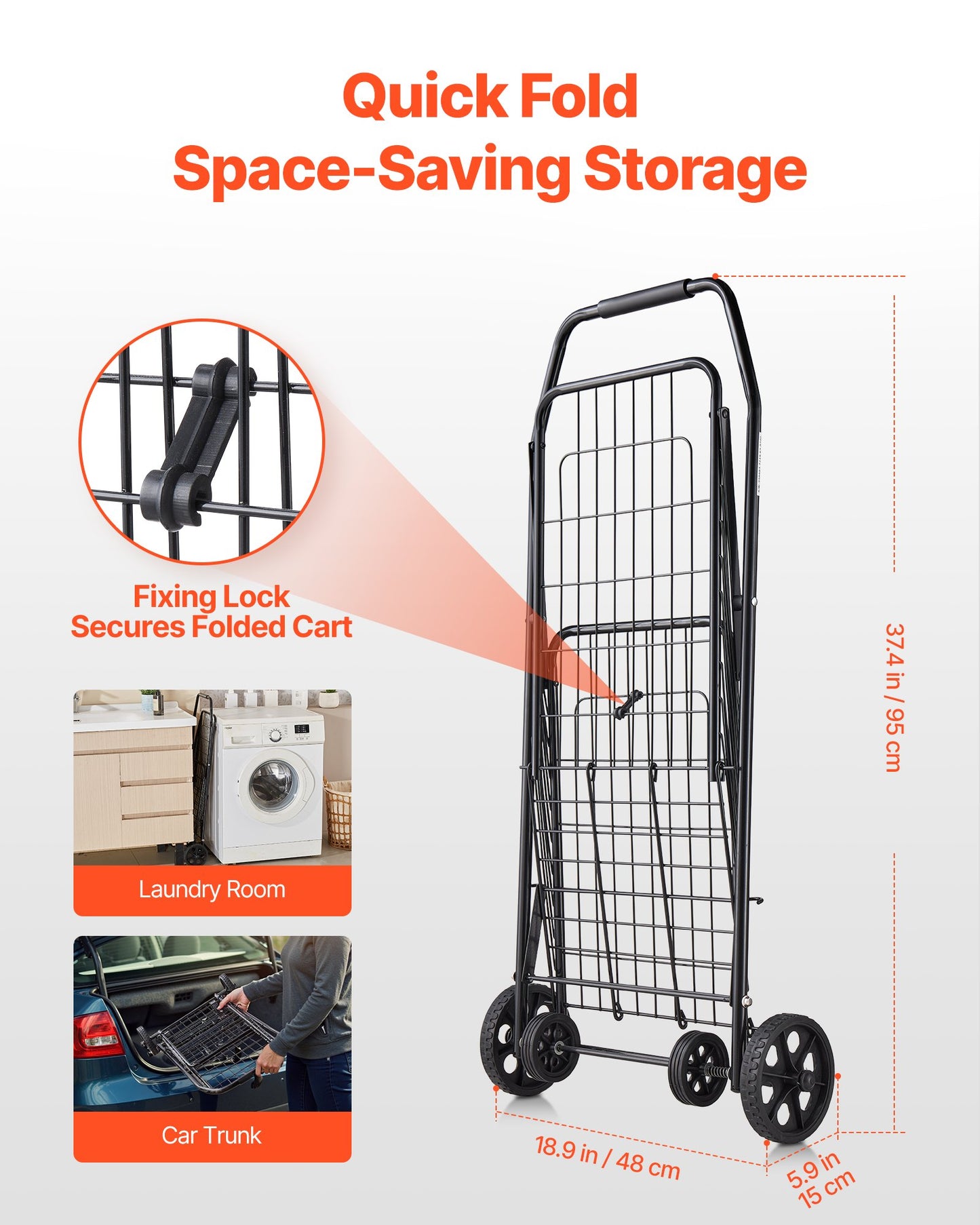 Shopping Cart, Folding Grocery Utility Cart with Swivel Wheels, 40.8 kg Large Load Capacity, Heavy Duty Rolling Laundry Basket Butler for Laundry, Shopping, Camping, Grocery, Luggage, Black - Image 5