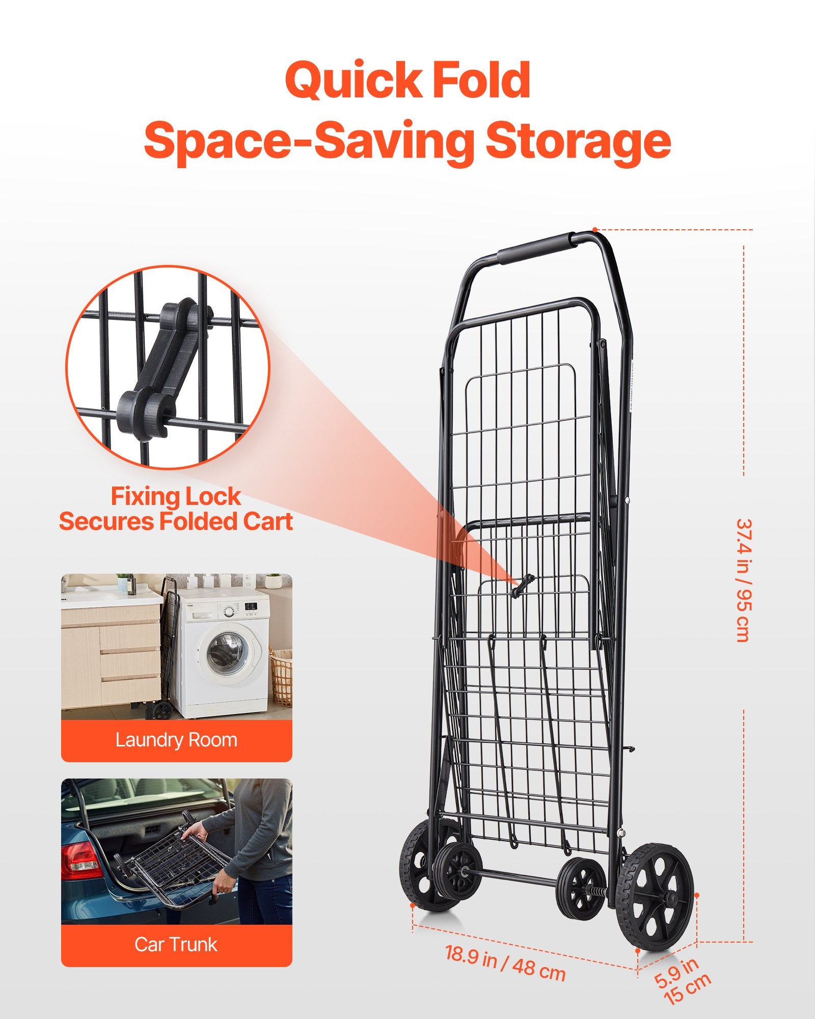 Shopping Cart, Folding Grocery Utility Cart with Swivel Wheels, 40.8 kg Large Load Capacity, Heavy Duty Rolling Laundry Basket Butler for Laundry, Shopping, Camping, Grocery, Luggage, Black - Image 5