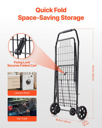 Shopping Cart, Folding Grocery Utility Cart with Swivel Wheels, 40.8 kg Large Load Capacity, Heavy Duty Rolling Laundry Basket Butler for Laundry, Shopping, Camping, Grocery, Luggage, Black - Image 5
