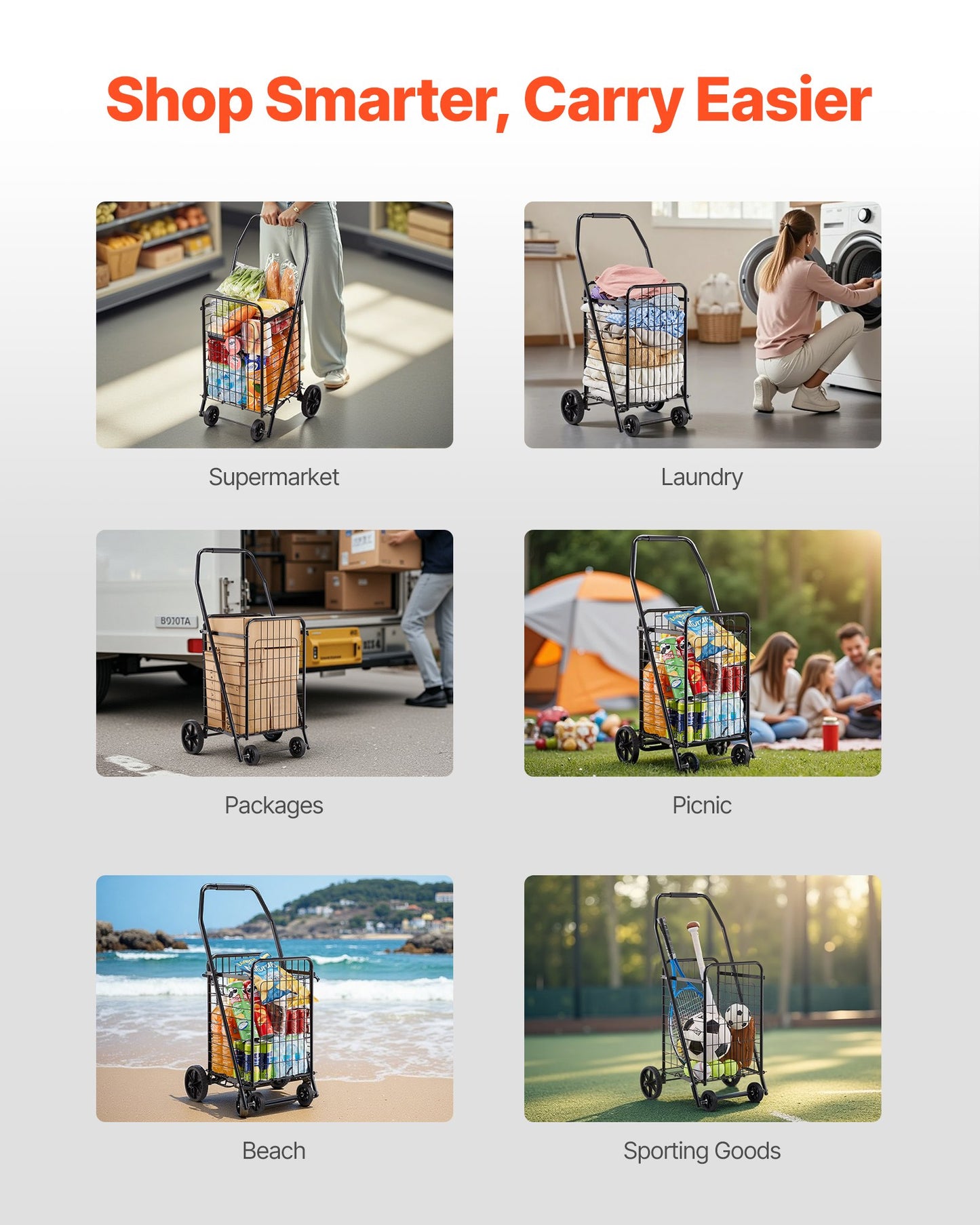 Shopping Cart, Folding Grocery Utility Cart with Swivel Wheels, 40.8 kg Large Load Capacity, Heavy Duty Rolling Laundry Basket Butler for Laundry, Shopping, Camping, Grocery, Luggage, Black - Image 7