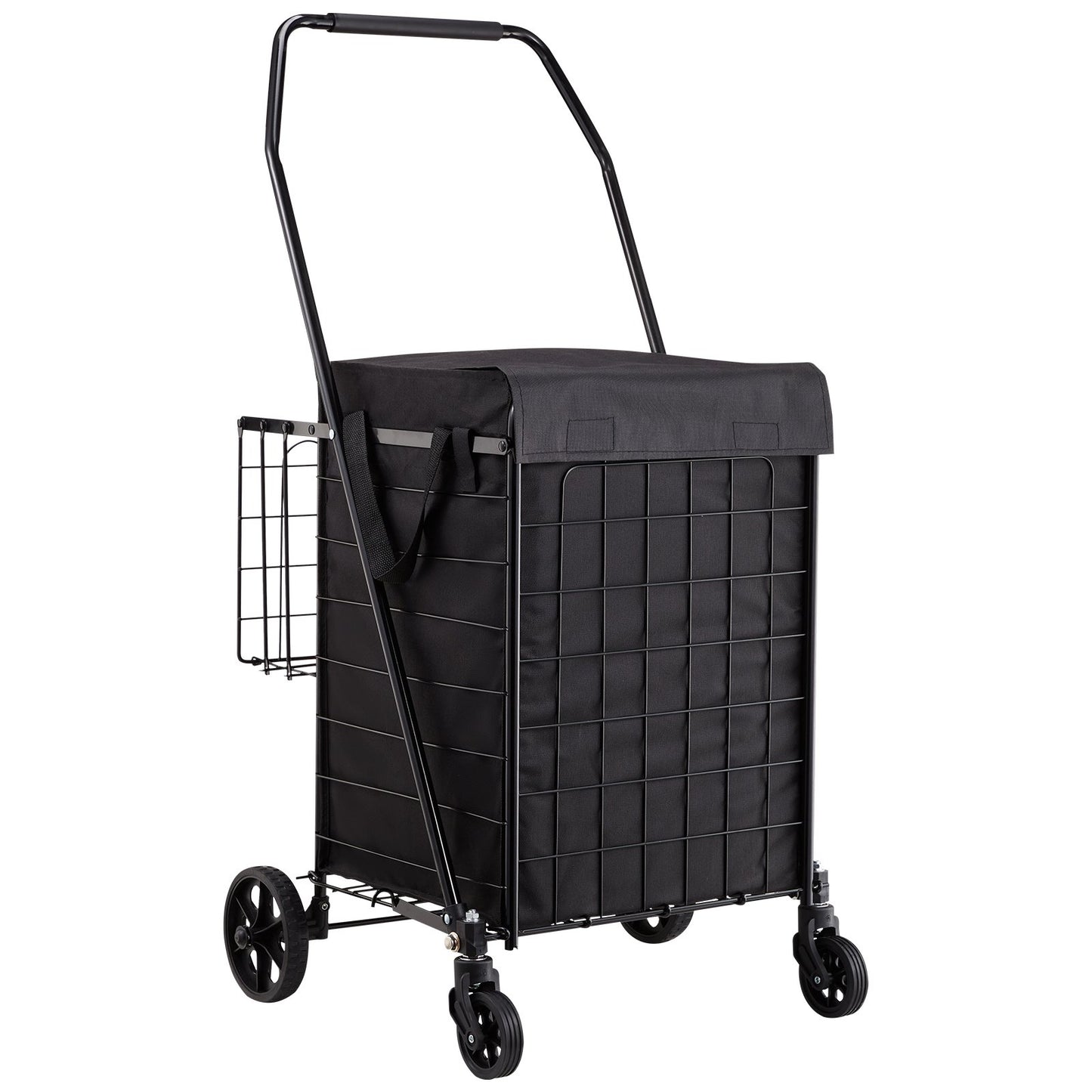 Shopping Cart, Folding Grocery Utility Cart with Dual Baskets, Waterproof Liner & Wheels, 45 KG Large Load Capacity, Heavy Duty Laundry Basket for Laundry, Shopping, Camping, Grocery, Luggage