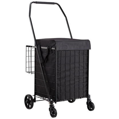 Shopping Cart, Folding Grocery Utility Cart with Dual Baskets, Waterproof Liner & Wheels, 45 KG Large Load Capacity, Heavy Duty Laundry Basket for Laundry, Shopping, Camping, Grocery, Luggage