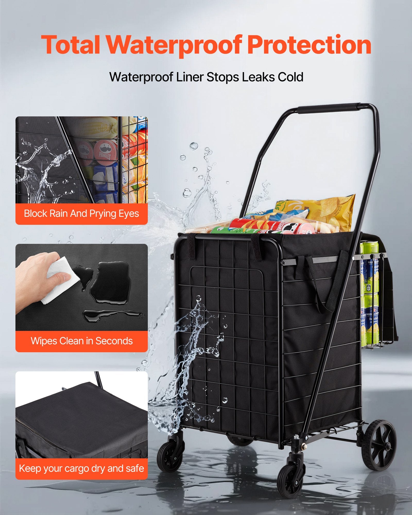 Shopping Cart, Folding Grocery Utility Cart with Dual Baskets, Waterproof Liner & Wheels, 45 KG Large Load Capacity, Heavy Duty Laundry Basket for Laundry, Shopping, Camping, Grocery, Luggage - Image 3