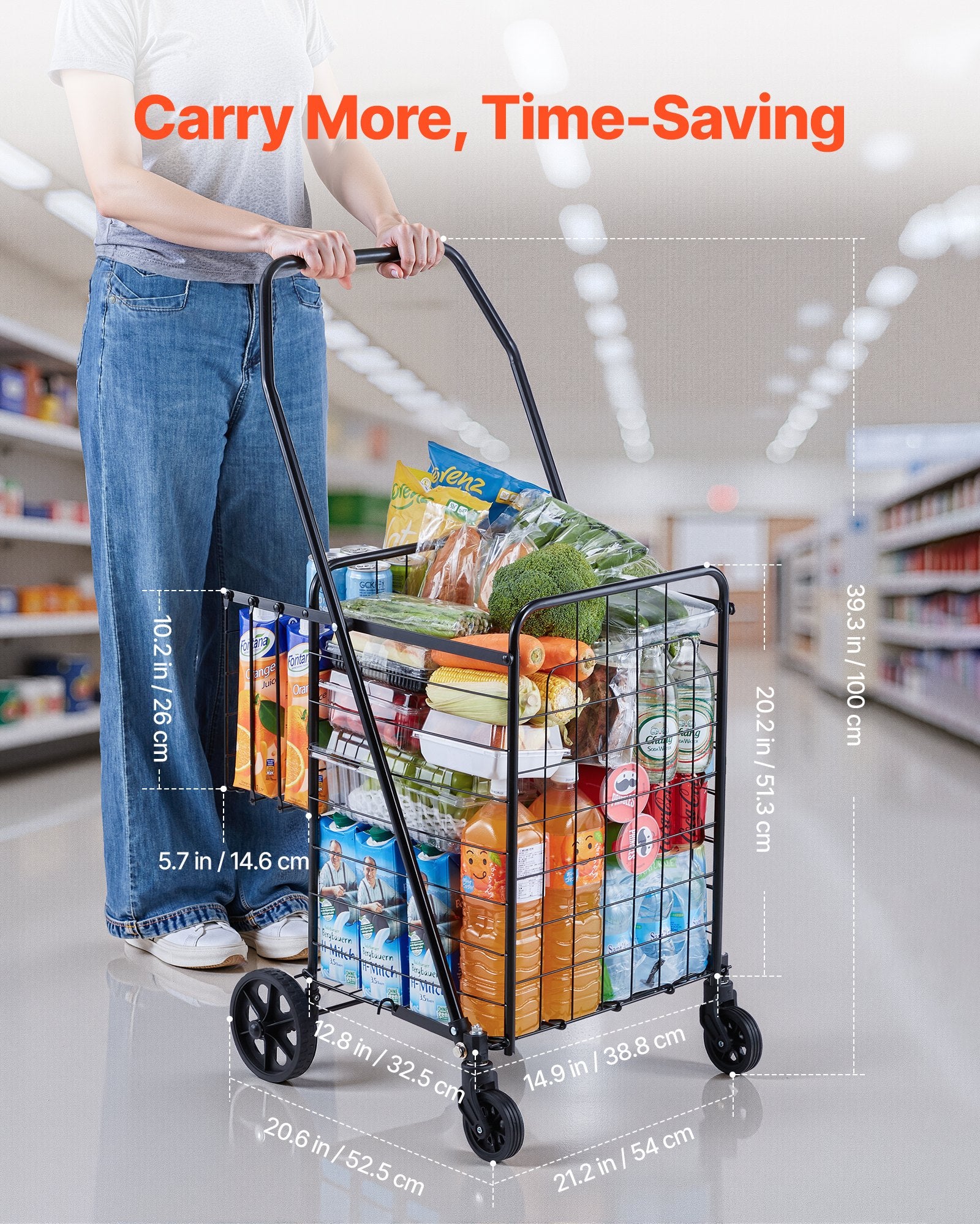 Shopping Cart, Folding Grocery Utility Cart with Dual Baskets, Waterproof Liner & Wheels, 45 KG Large Load Capacity, Heavy Duty Laundry Basket for Laundry, Shopping, Camping, Grocery, Luggage - Image 4