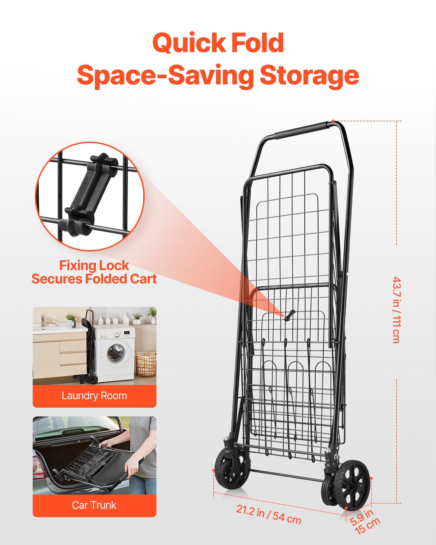 Shopping Cart, Folding Grocery Utility Cart with Dual Baskets, Waterproof Liner & Wheels, 45 KG Large Load Capacity, Heavy Duty Laundry Basket for Laundry, Shopping, Camping, Grocery, Luggage - Image 6