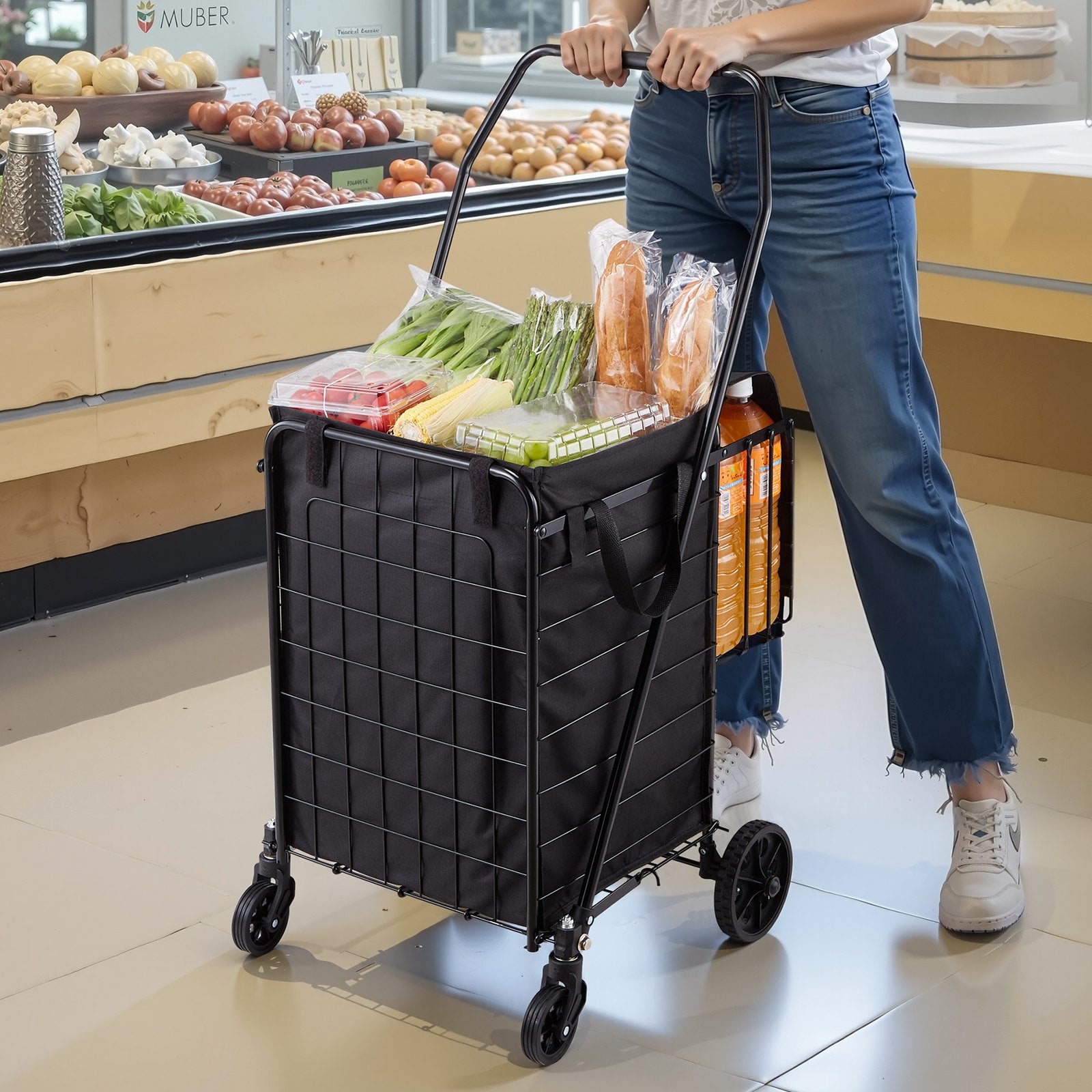 Shopping Cart, Folding Grocery Utility Cart with Dual Baskets, Waterproof Liner & Wheels, 45 KG Large Load Capacity, Heavy Duty Laundry Basket for Laundry, Shopping, Camping, Grocery, Luggage - Image 8
