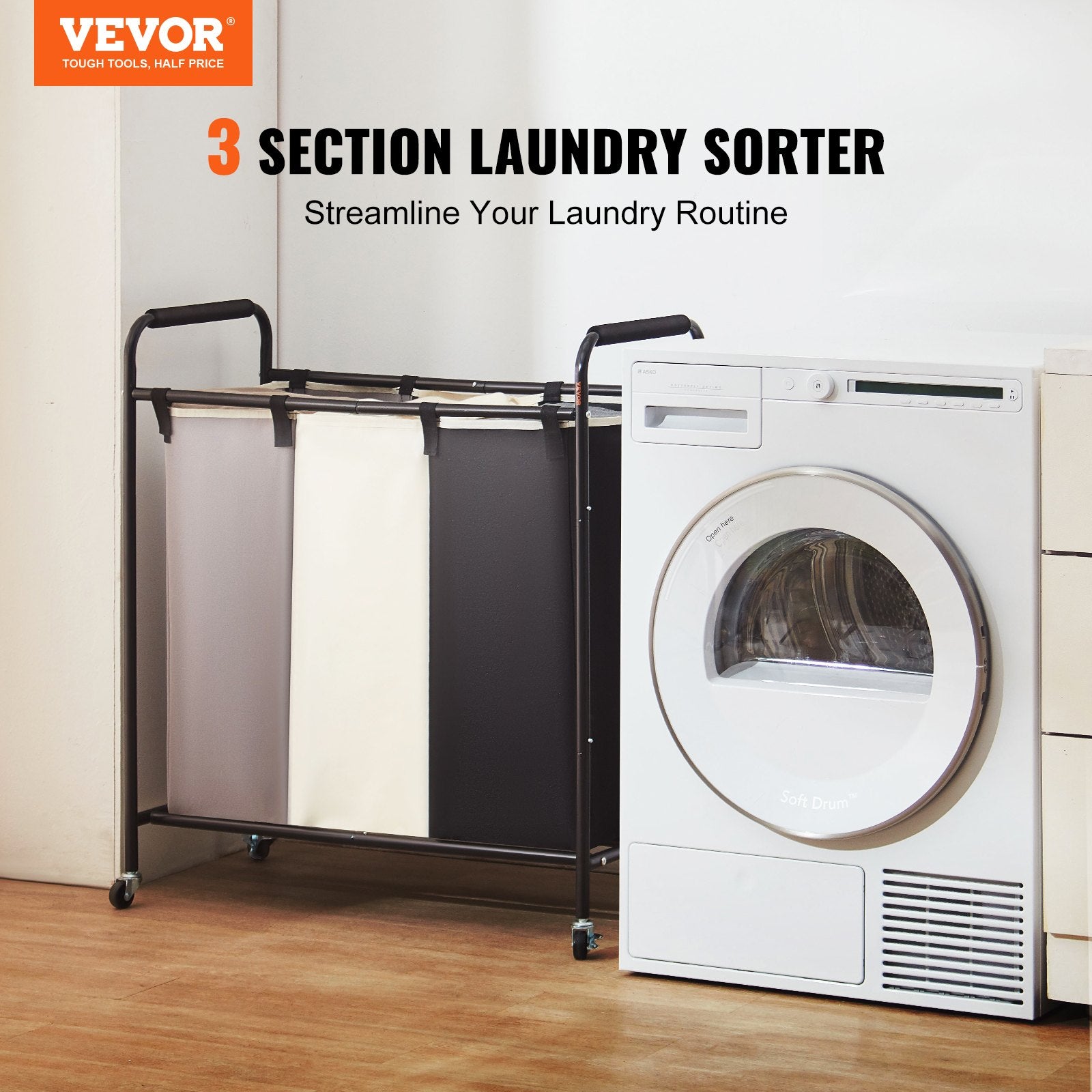 3-Section Laundry Basket, Heavy Duty Laundry Hamper Storage Organizer, Laundry Sorter Cart with Heavy Duty Lockable Wheels for Dirty Clothes in Laundry Room Bedroom - Image 2
