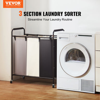 3-Section Laundry Basket, Heavy Duty Laundry Hamper Storage Organizer, Laundry Sorter Cart with Heavy Duty Lockable Wheels for Dirty Clothes in Laundry Room Bedroom - Image 2