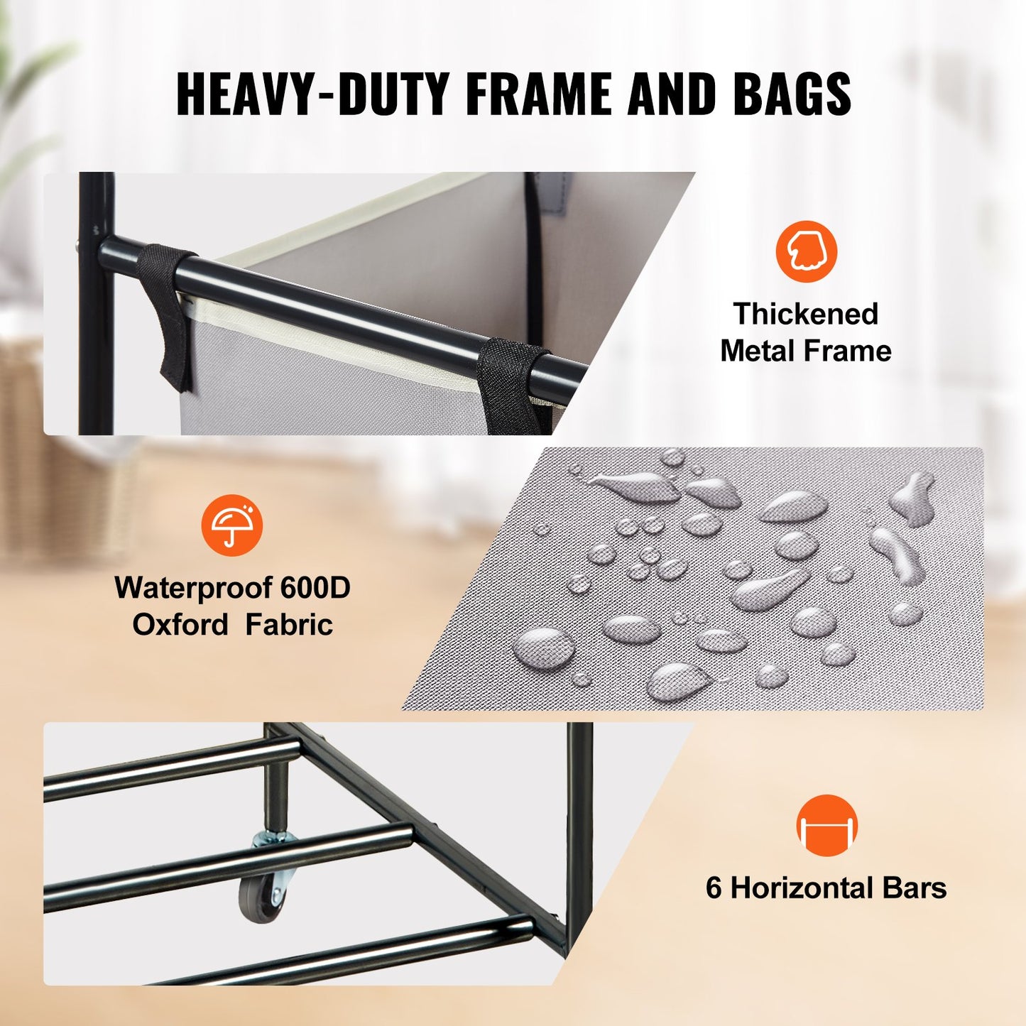3-Section Laundry Basket, Heavy Duty Laundry Hamper Storage Organizer, Laundry Sorter Cart with Heavy Duty Lockable Wheels for Dirty Clothes in Laundry Room Bedroom - Image 3