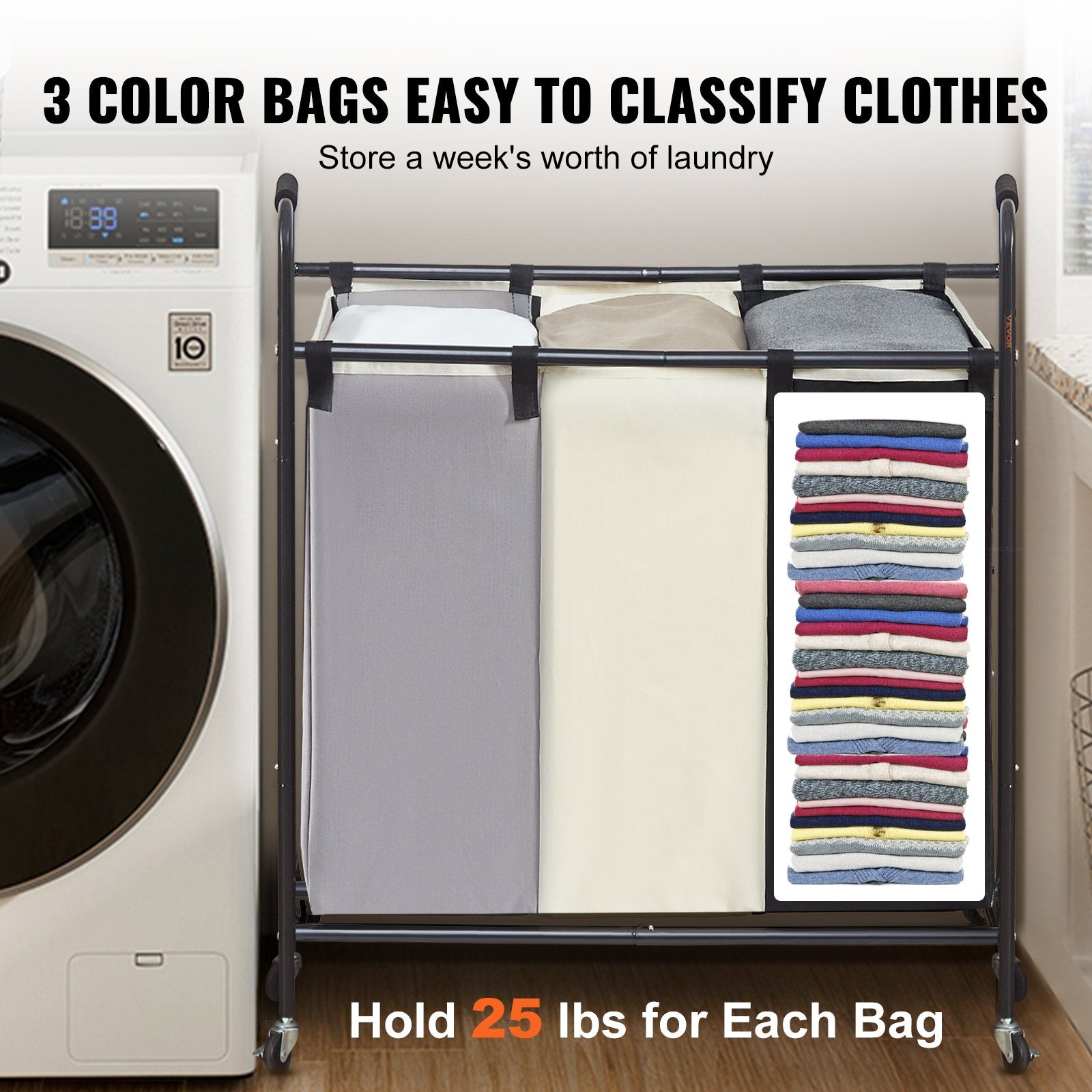 3-Section Laundry Basket, Heavy Duty Laundry Hamper Storage Organizer, Laundry Sorter Cart with Heavy Duty Lockable Wheels for Dirty Clothes in Laundry Room Bedroom - Image 4
