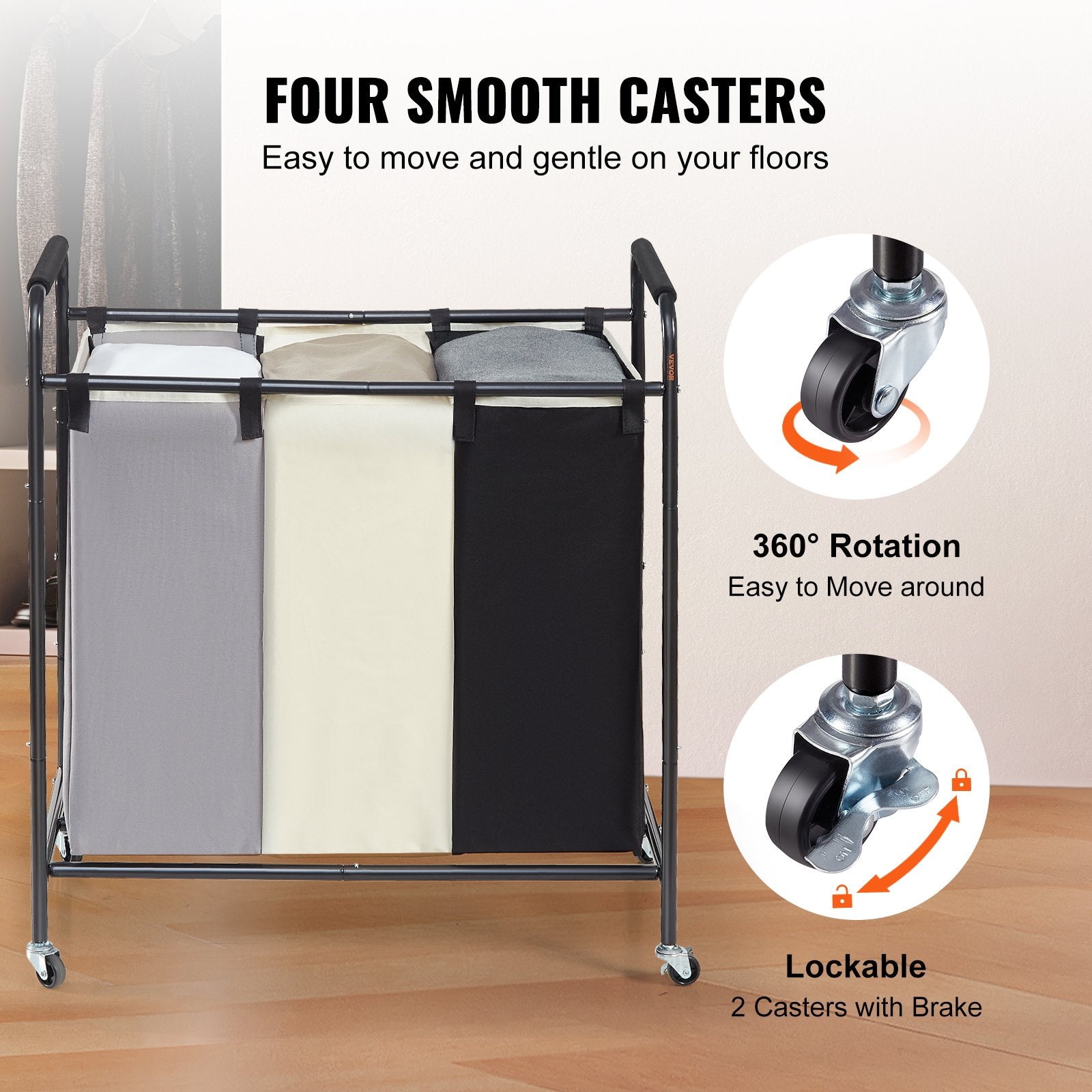 3-Section Laundry Basket, Heavy Duty Laundry Hamper Storage Organizer, Laundry Sorter Cart with Heavy Duty Lockable Wheels for Dirty Clothes in Laundry Room Bedroom - Image 5