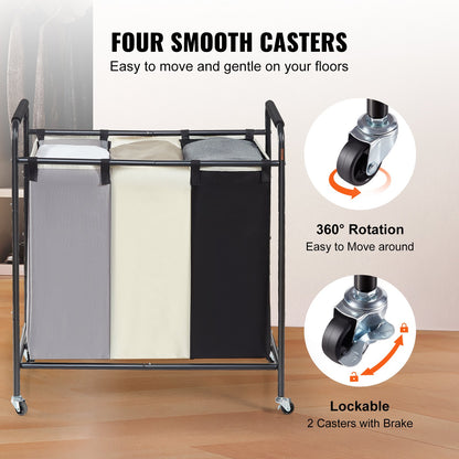 3-Section Laundry Basket, Heavy Duty Laundry Hamper Storage Organizer, Laundry Sorter Cart with Heavy Duty Lockable Wheels for Dirty Clothes in Laundry Room Bedroom - Image 5