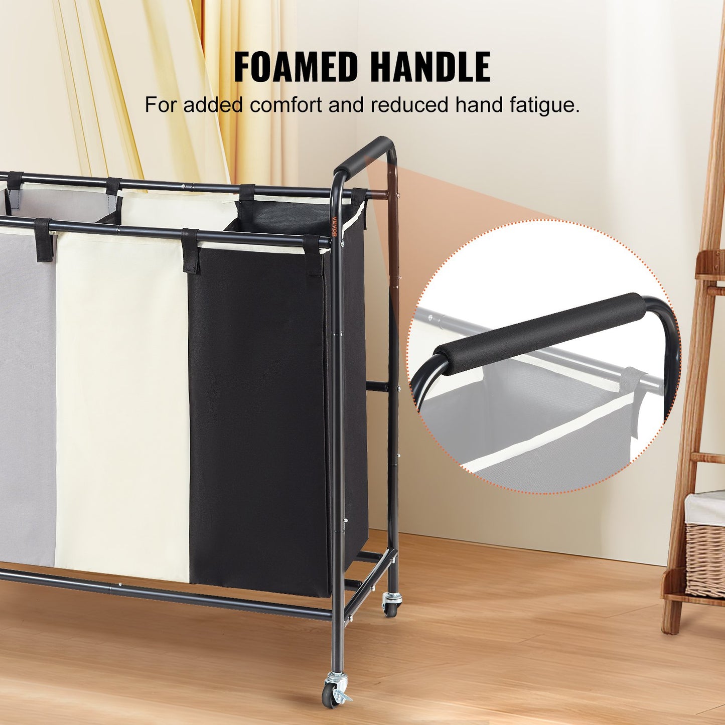 3-Section Laundry Basket, Heavy Duty Laundry Hamper Storage Organizer, Laundry Sorter Cart with Heavy Duty Lockable Wheels for Dirty Clothes in Laundry Room Bedroom - Image 6
