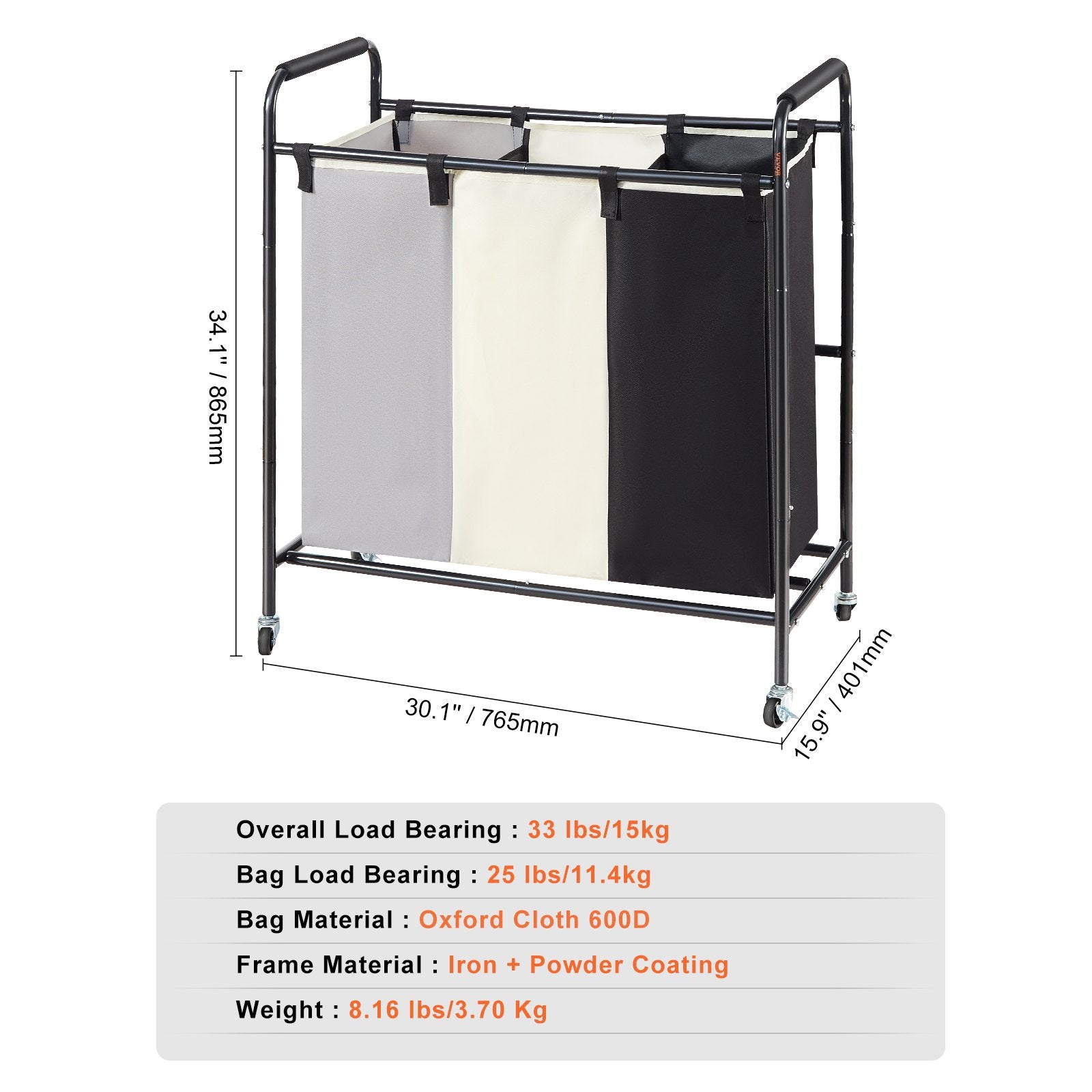3-Section Laundry Basket, Heavy Duty Laundry Hamper Storage Organizer, Laundry Sorter Cart with Heavy Duty Lockable Wheels for Dirty Clothes in Laundry Room Bedroom - Image 7