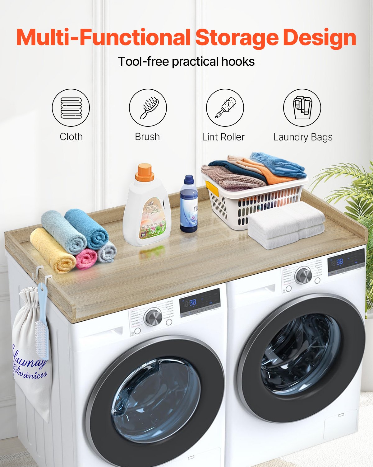Washer Dryer Countertop, 54" x 27" Wooden Washer and Dryer Countertop, Water-Resistant Laundry Machine Topper Cover with Anti-Slip Pads, for Laundry Room Organization and Storage, Oak - Image 2