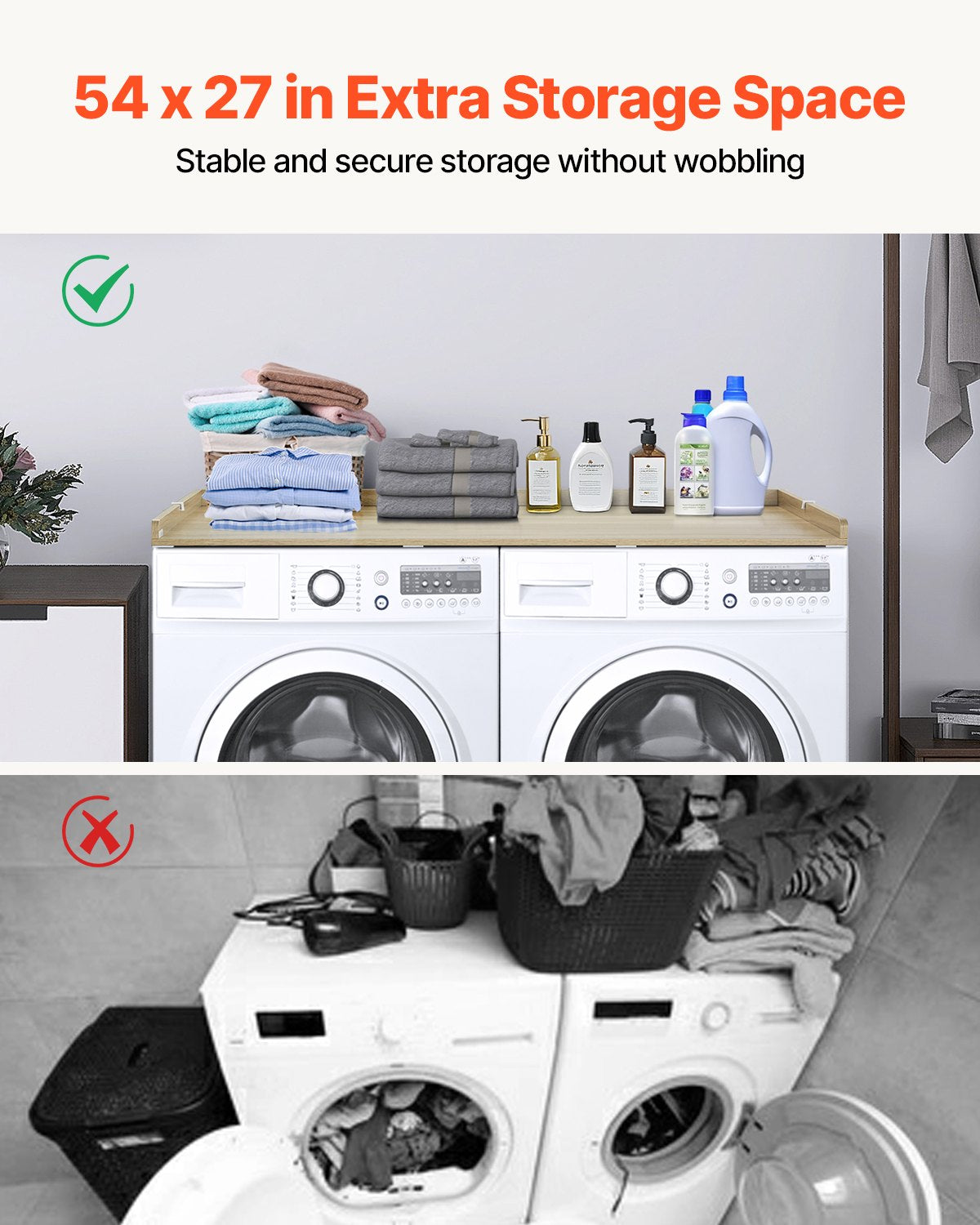 Washer Dryer Countertop, 54" x 27" Wooden Washer and Dryer Countertop, Water-Resistant Laundry Machine Topper Cover with Anti-Slip Pads, for Laundry Room Organization and Storage, Oak - Image 3