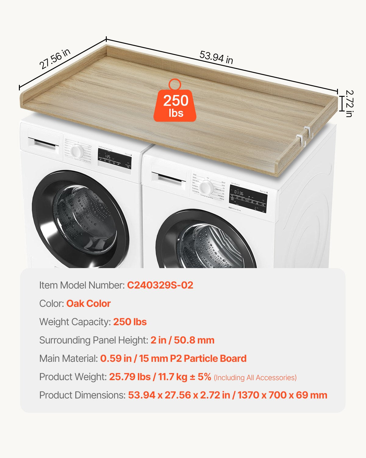 Washer Dryer Countertop, 54" x 27" Wooden Washer and Dryer Countertop, Water-Resistant Laundry Machine Topper Cover with Anti-Slip Pads, for Laundry Room Organization and Storage, Oak - Image 7