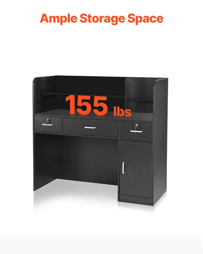 Reception Desk, 1200 x 480 x 1100 mm Rectangular Front Counter Table, Office Reception Counter with Lockable Drawer and Storage Cabinet, for Checkout, Lobby, Beauty Salon and Office, Black - Image 2