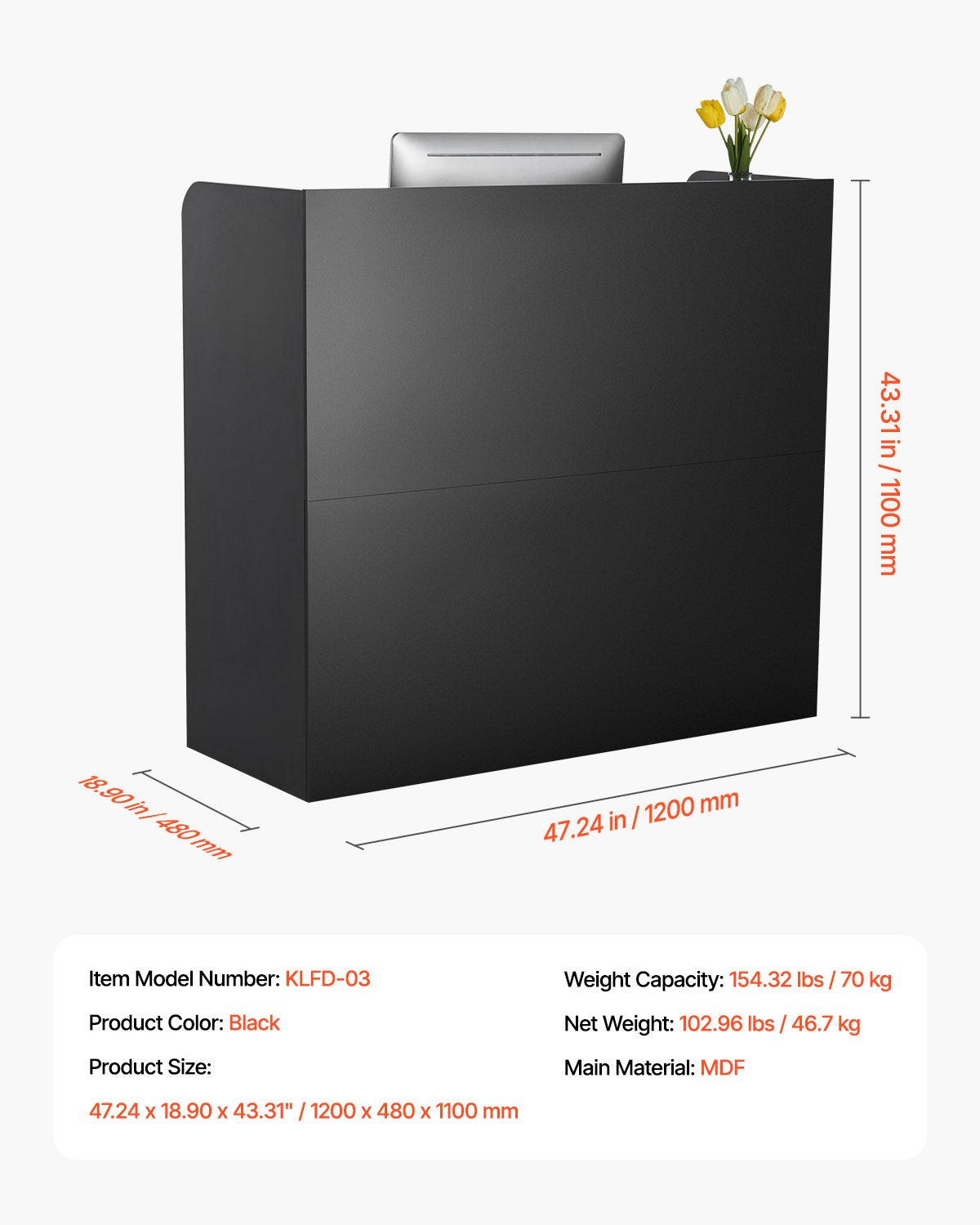 Reception Desk, 1200 x 480 x 1100 mm Rectangular Front Counter Table, Office Reception Counter with Lockable Drawer and Storage Cabinet, for Checkout, Lobby, Beauty Salon and Office, Black - Image 7