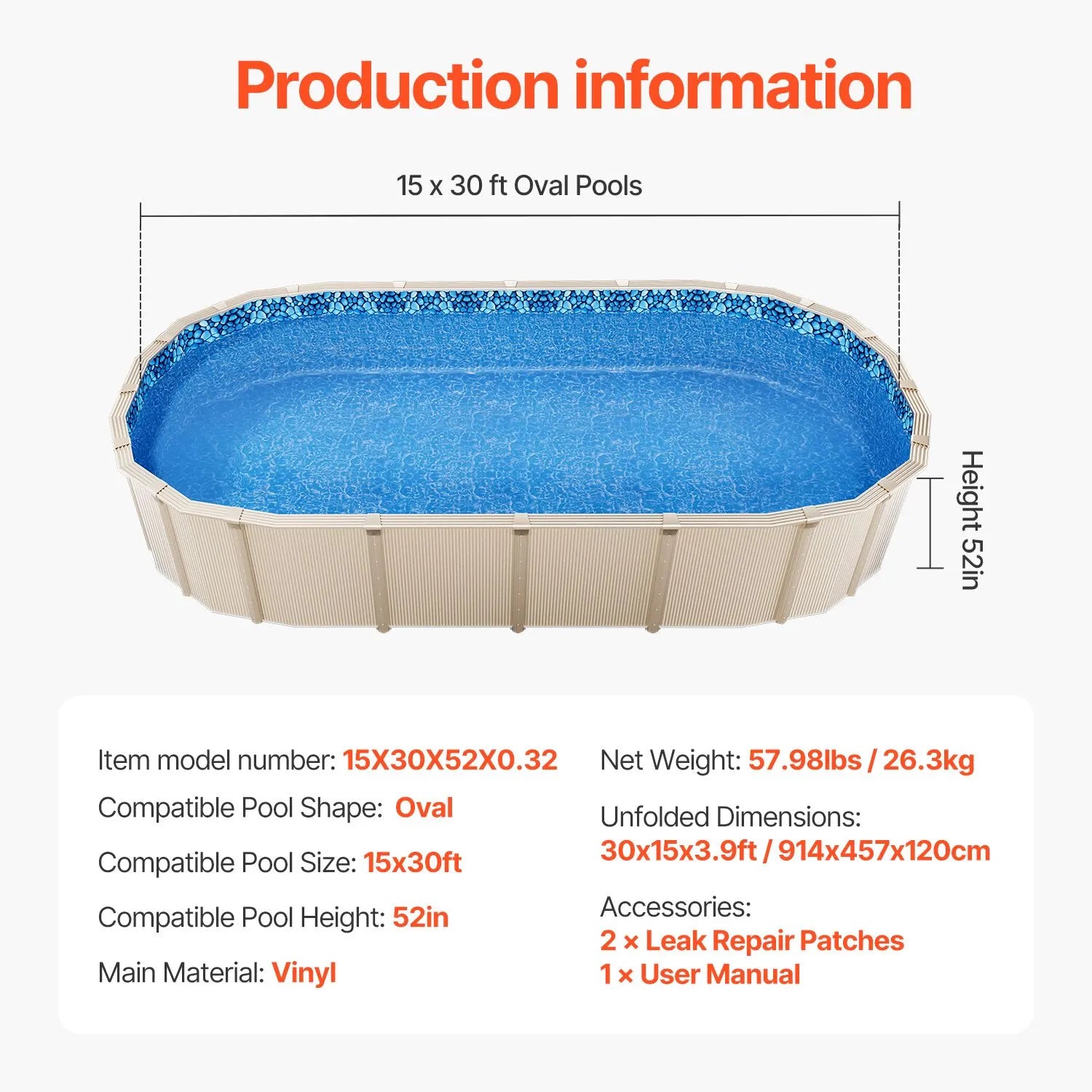 Oval Pool Liner 15x30ft Unibead Style Pool Liner 52in Wall Height - Image 7