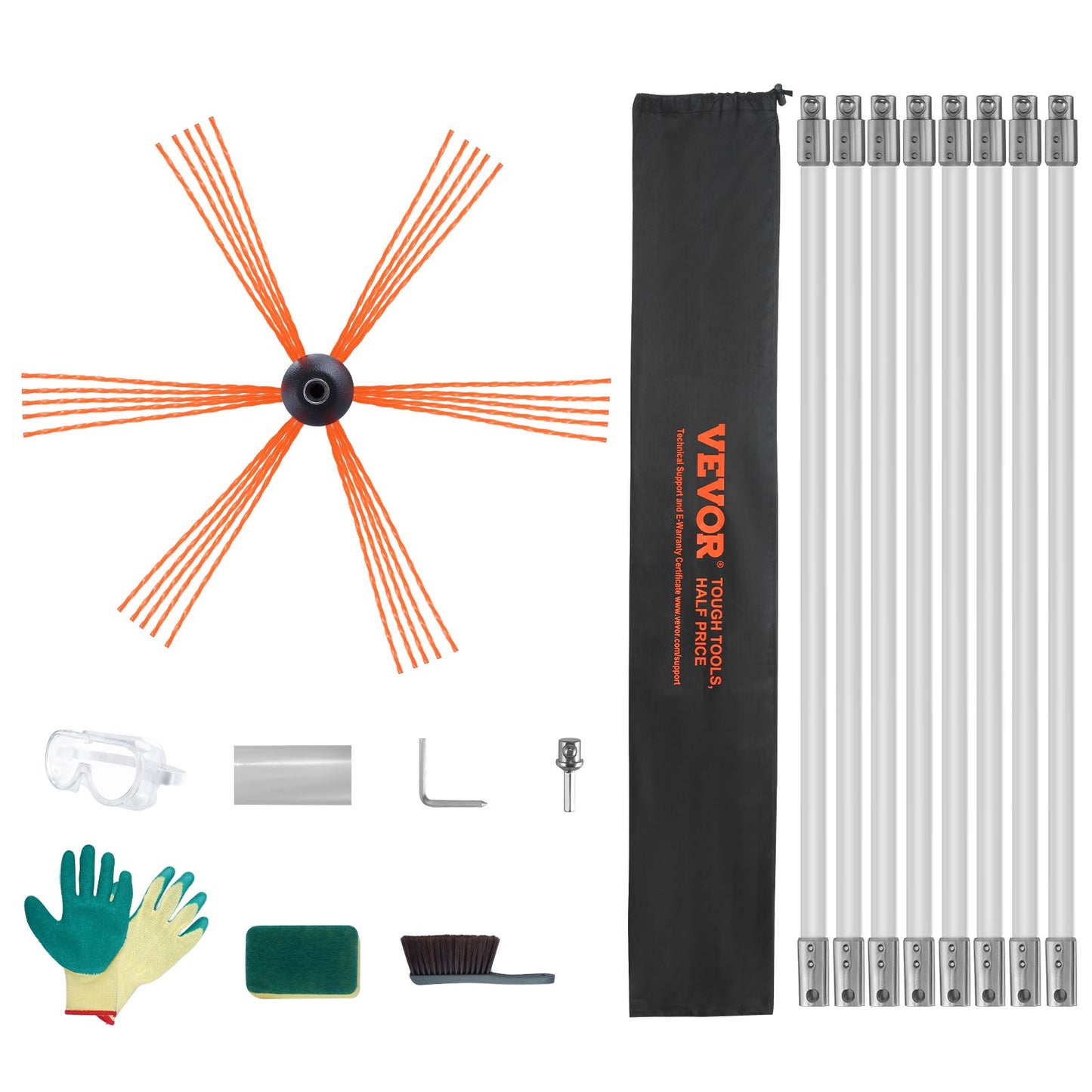 8 m Chimney Sweep Kit, w/ 8Reinforced Nylon Flexible Rods, Ergonomic Chimney Cleaning Brush, 360-Degree Brush Chimney Cleaner, Rich Accessories for Fireplace Flue Home Use Fits most Pipes