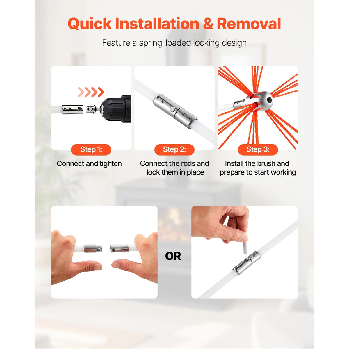 Chimney Sweep Kit, 7m Maximum Extendable Length Chimney Brush, Chimneys Cleaning Kit with Bristle Replacements & Goggles, 90° Bendable Fireplace Cleaning Tool, for Square, Rectangle Chimneys - Image 5