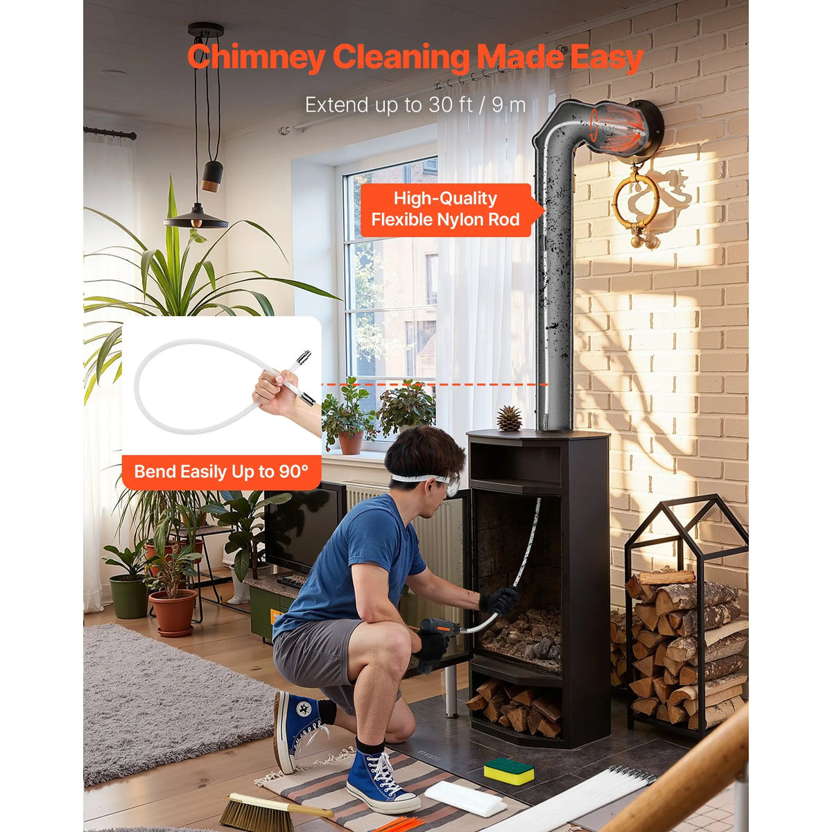 Chimney Sweep Kit, 9m Maximum Extendable Length Chimney Sweep, Chimneys Cleaning Kit with Bristle Replacements & Goggles, 90° Bendable Fireplace Cleaning Tool, for Square, Rectangle Chimneys - Image 3
