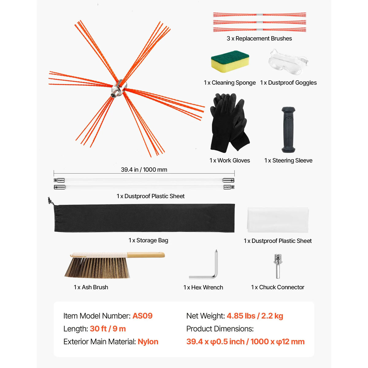 Chimney Sweep Kit, 9m Maximum Extendable Length Chimney Sweep, Chimneys Cleaning Kit with Bristle Replacements & Goggles, 90° Bendable Fireplace Cleaning Tool, for Square, Rectangle Chimneys - Image 7
