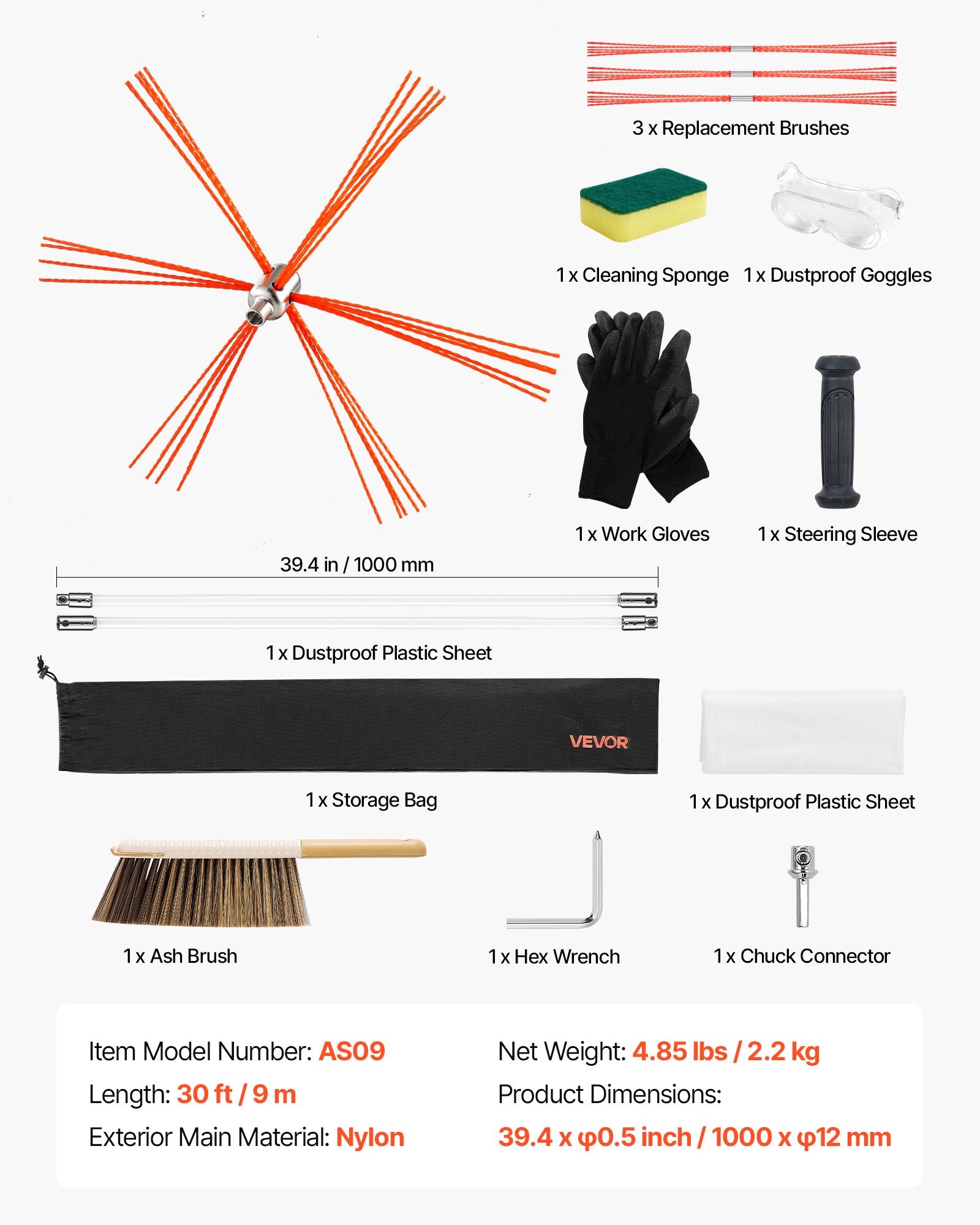 Chimney Sweep Kit, 9m Maximum Extendable Length Chimney Sweep, Chimneys Cleaning Kit with Bristle Replacements & Goggles, 90° Bendable Fireplace Cleaning Tool, for Square, Rectangle Chimneys - Image 7