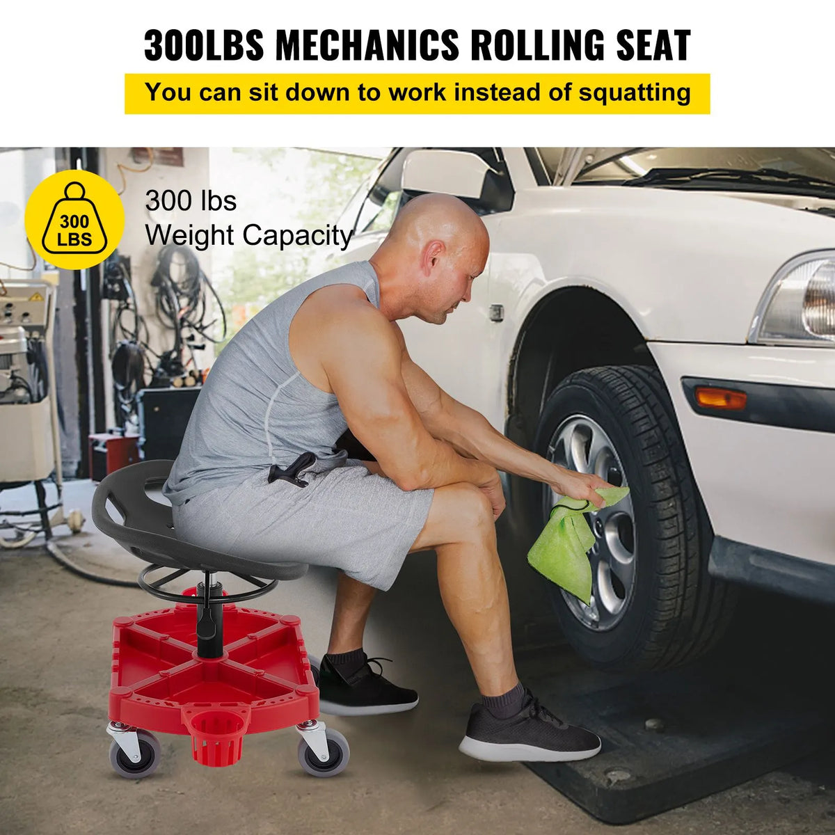 Rolling Garage Stool, 300LBS Capacity, Adjustable Height from 18 in to 23 in, 360-degree Swivel Wheels (4\"), Large Tool Tray with Two Bottle Holder, for Workshop, Auto Repair Shop, Red - Image 2