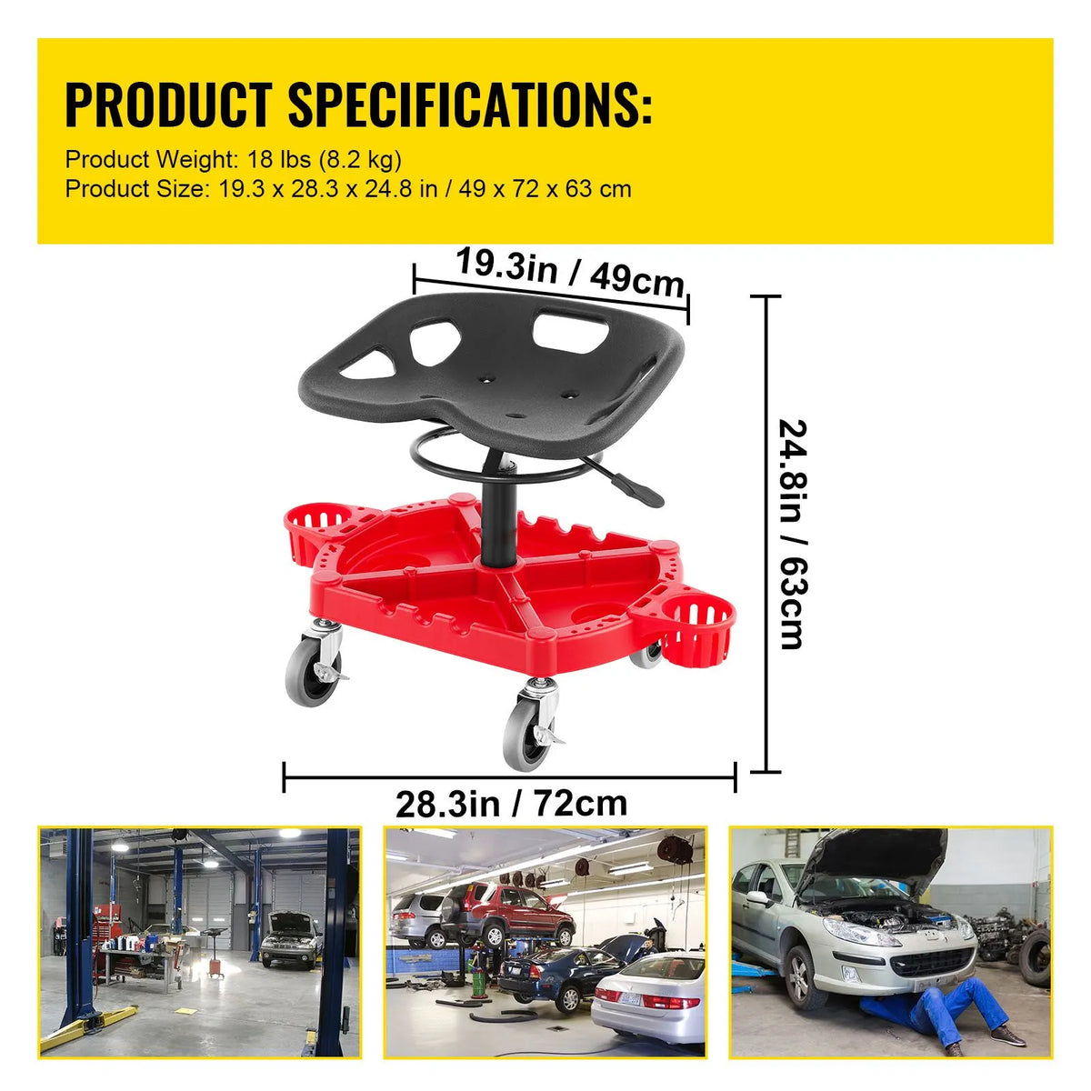 Rolling Garage Stool, 300LBS Capacity, Adjustable Height from 18 in to 23 in, 360-degree Swivel Wheels (4\"), Large Tool Tray with Two Bottle Holder, for Workshop, Auto Repair Shop, Red - Image 7
