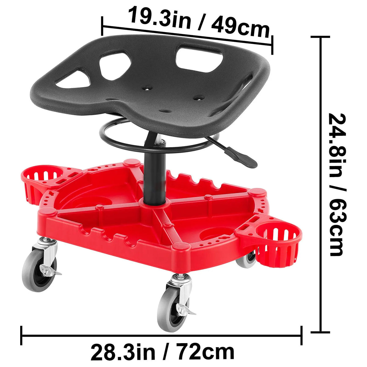 Rolling Garage Stool, 300LBS Capacity, Adjustable Height from 18 in to 23 in, 360-degree Swivel Wheels (4\"), Large Tool Tray with Two Bottle Holder, for Workshop, Auto Repair Shop, Red - Image 8
