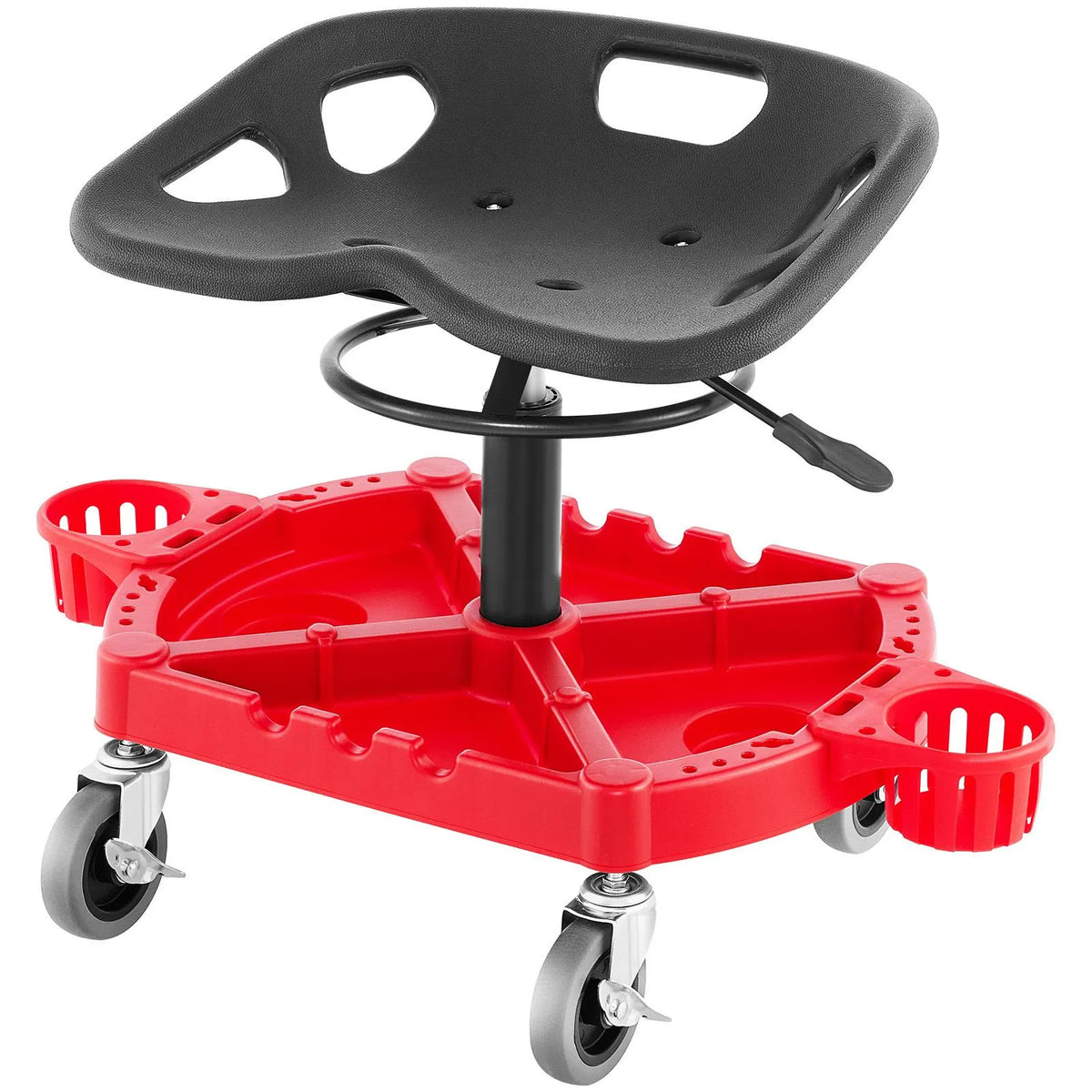 Rolling Garage Stool, 300LBS Capacity, Adjustable Height from 18 in to 23 in, 360-degree Swivel Wheels (4\"), Large Tool Tray with Two Bottle Holder, for Workshop, Auto Repair Shop, Red - Image 9